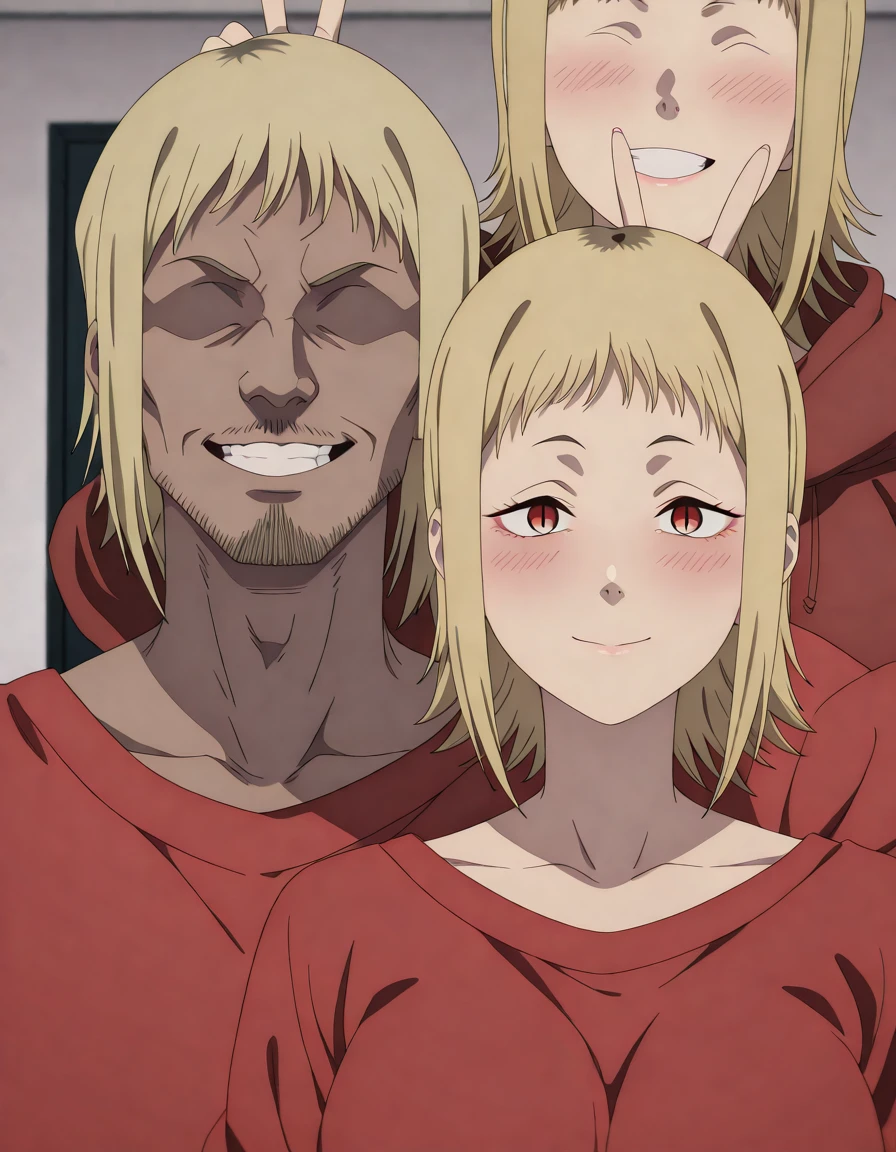 masterpiece, best quality, amazing quality,, <lora:akane-sawatari-s1-illustriousxl-lora-nochekaiser:1>, akane sawatari, sawatari akane, short hair, blonde hair, red eyes, mature female, medium breasts, anime screencap, <lora:bunny-ears-prank-illustriousxl-lora-nochekaiser:1>, bunny ears prank, v, smile, looking at viewer, closed mouth, blush, grin, couple, hetero, <lora:gyaruo-illustriousxl-lora-nochekaiser:1>, gyaruo, dark-skin, dark-skinned male, faceless male, faceless, netorare, blonde hair, no eyes, short hair, facial hair, 1boy