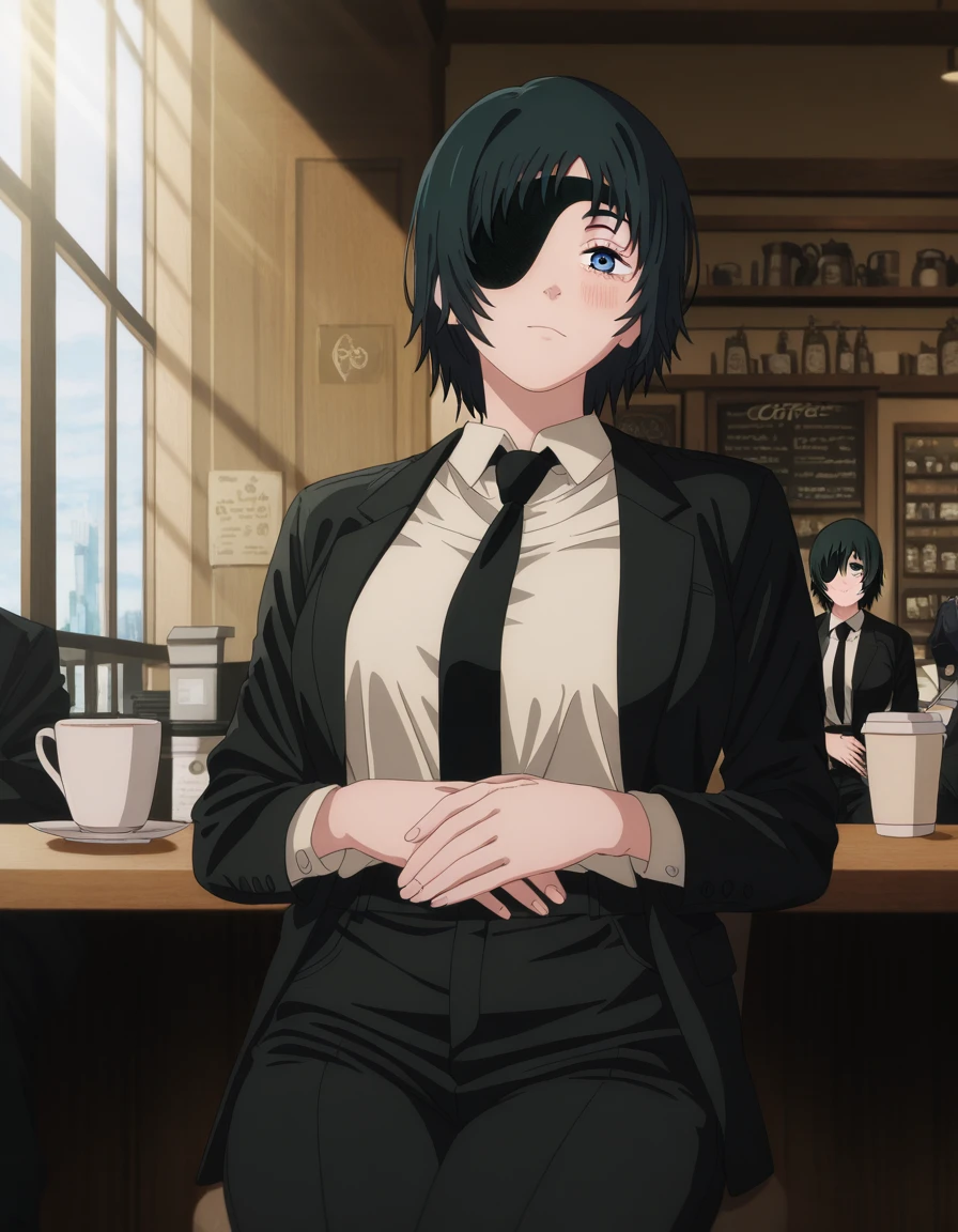 masterpiece, best quality, amazing quality,, <lora:chainsawman-himeno-s1-illustriousxl-lora-nochekaiser:1>, himeno, himeno (chainsaw man), short hair, black hair, blue eyes, eyepatch, mature female, breasts, anime screencap, shirt, long sleeves, jacket, white shirt, necktie, collared shirt, pants, black jacket, black pants, formal, suit, black necktie, shirt tucked in, office lady,, hands on stomach, blush,, cafe, coffee cup, barista, sitting down, talking, relaxing, sunlight through window, cowboy shot, solo, looking at viewer