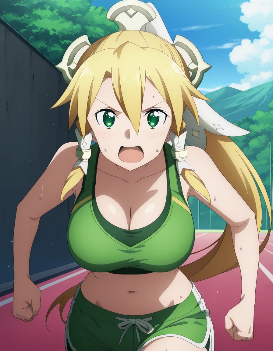 masterpiece, best quality, amazing quality,, <lora:suguha-kirigaya-s3-illustriousxl-lora-nochekaiser:1>, suguha kirigaya, leafa (sao), long hair, blonde hair, hair ornament, green eyes, ponytail, hair tubes, mature female, breasts, anime screencap, <lora:dolphin-shorts-illustriousxl-lora-nochekaiser:1>, dolphin shorts, shorts, outdoors, running, sweat, open mouth, sports bra, cleavage, navel, midriff, ponytail, solo, cowboy shot,, , ,