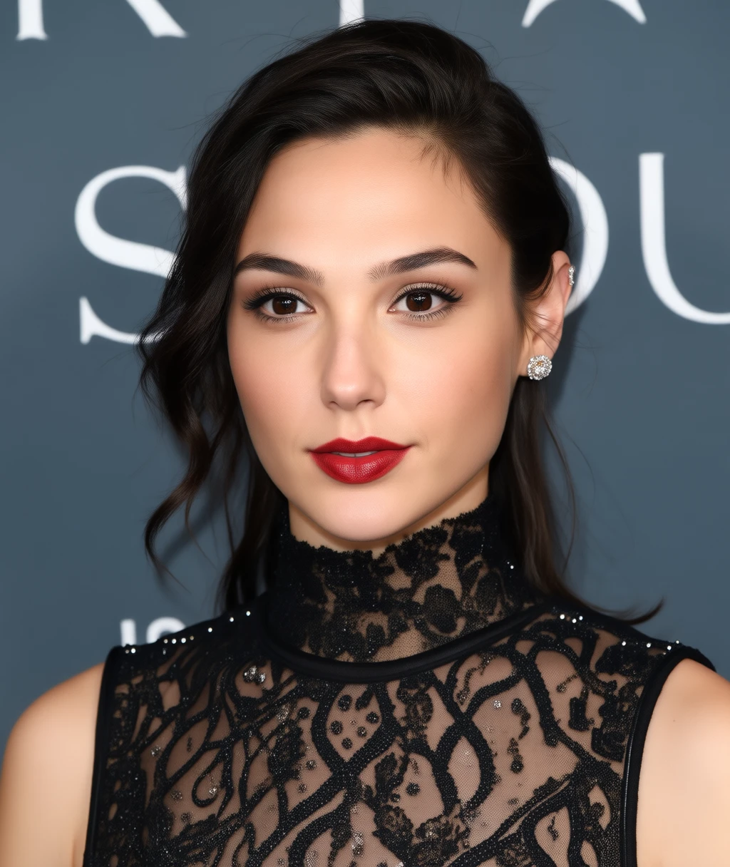 The image is a high-resolution photograph of a young woman with fair skin and dark brown hair styled in a sophisticated updo. Her hair is parted in the middle and loosely gathered into a low bun, with a few strands framing her face. She has striking, dark brown eyes accentuated with bold, smoky eyeshadow and long, dark eyelashes. Her eyebrows are well-groomed and dark. She is wearing a high-neck, lace top adorned with intricate patterns and small, sparkling embellishments. The lace is semi-transparent, revealing a hint of the skin beneath. Her lips are painted a deep, rich burgundy, which complements her smoky eye makeup. She is wearing small, round diamond stud earrings. The background is a solid gray with partial white text, possibly part of a logo or brand name, suggesting an event or promotional setting. The overall atmosphere of the photograph is elegant and refined, capturing a moment of sophistication and grace.