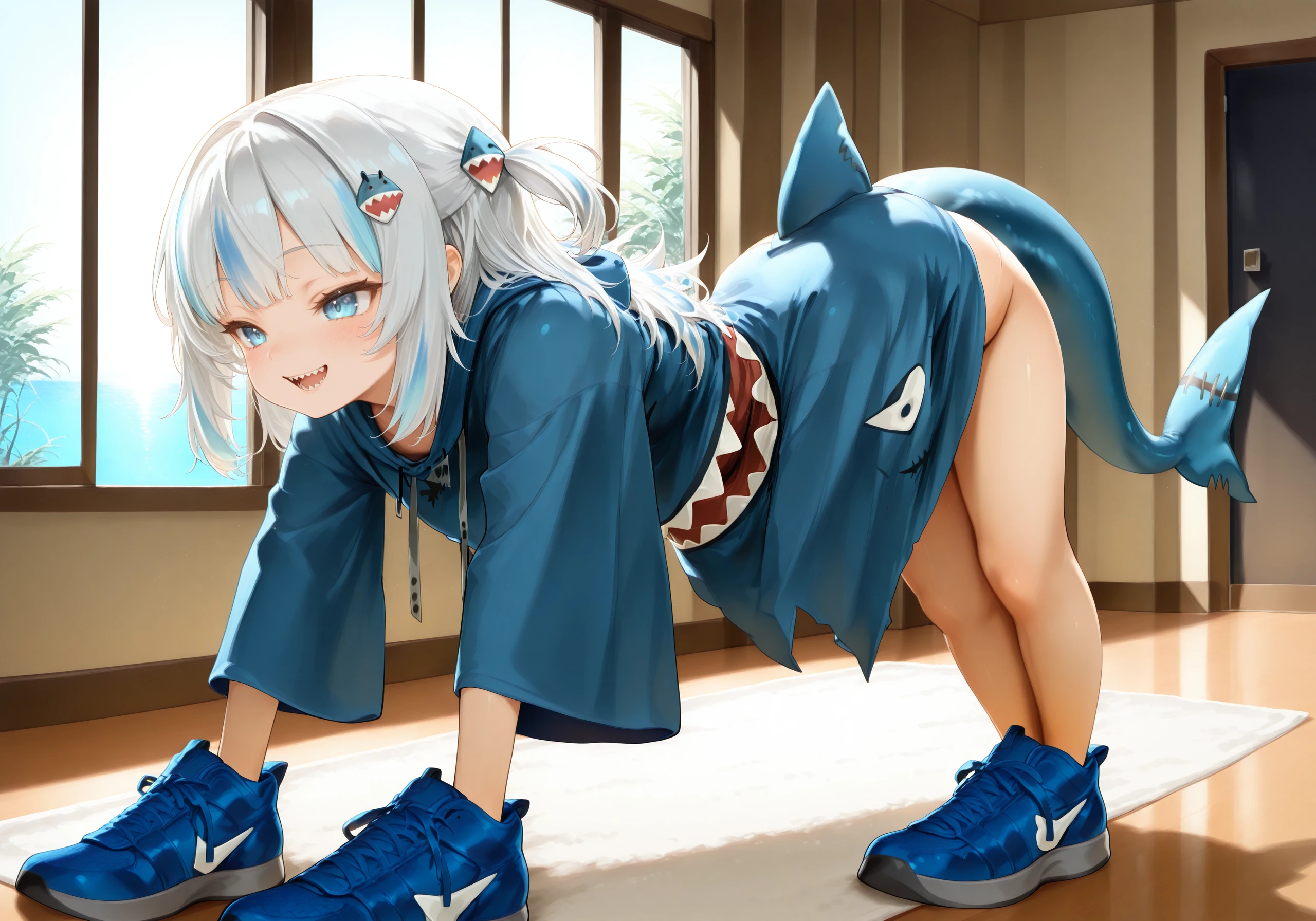 tralaleropose,all fours,legs together,bent over,blue sneakers,masterpiece,best quality,amazing quality,very aesthetic,high resolution,ultra-detailed,absurdres,indoors,
1girl,solo,blue hoodie,shark print,shark hair ornament,two side up,wide sleeves,drawstring,grey hair,streaked hair,blue eyes,shark tail,blue nails,smile,full body,
<lora:TralaleroPoseILV1>,<lora:gura_illus:1>,