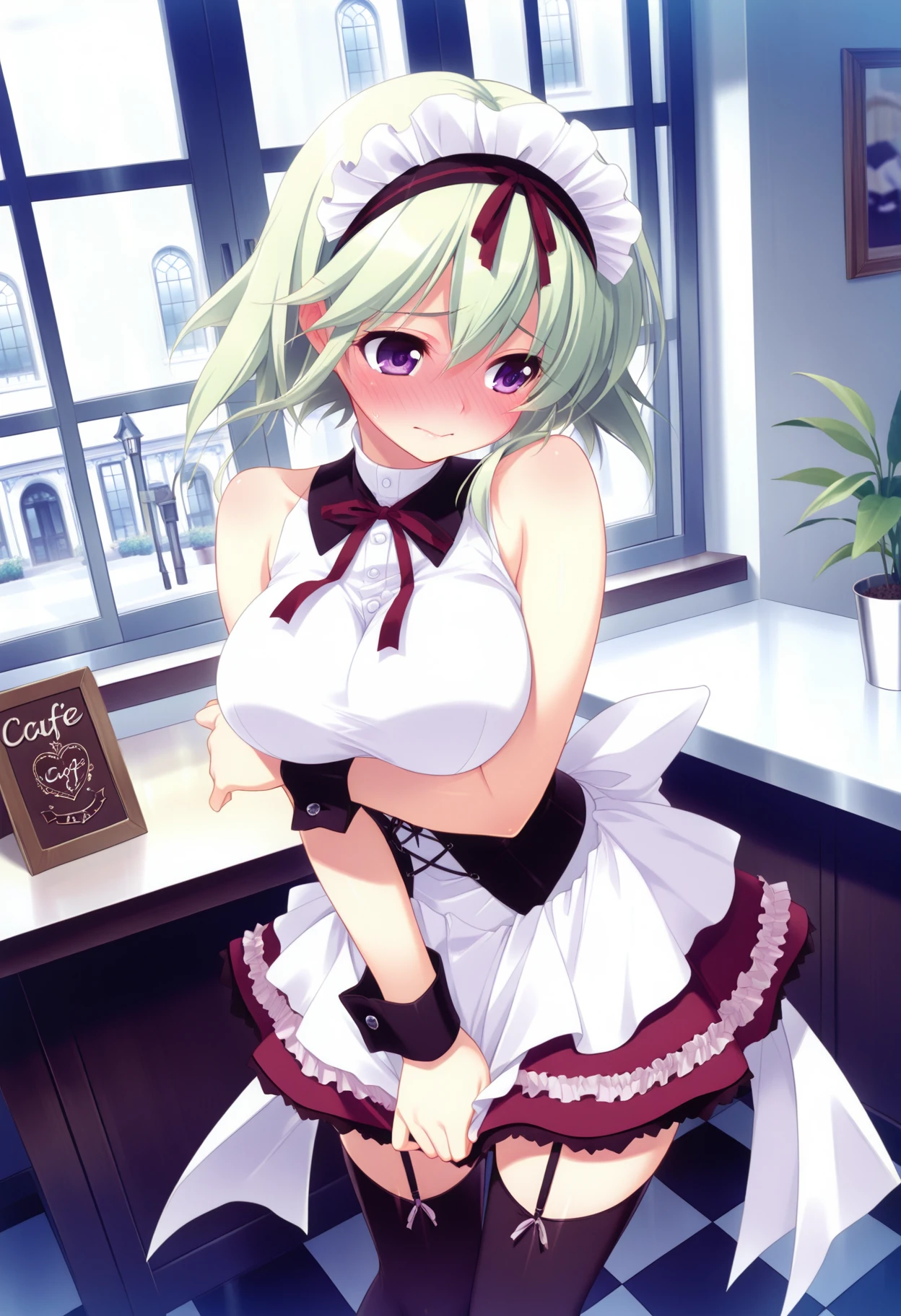 1girl, arlecchino \(genshin impact\), maid, maid headdress, maid apron, embarrassed, open mouth, blush, (nsfw), light frown, looking at viewer, x-shaped pupils, black eyes, cowboy shot, bar \(place\), indoors, depth of field