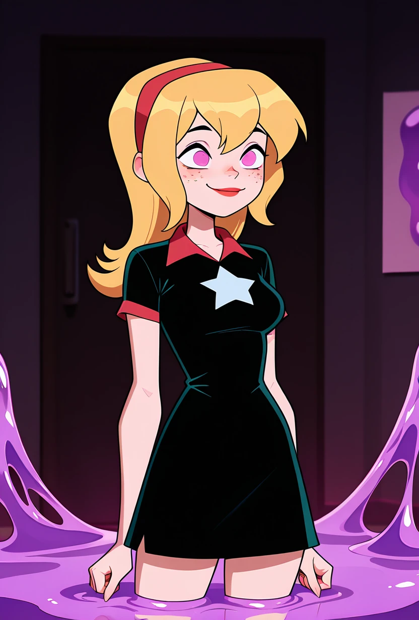 ((cartoon, screencap)), <lora:lucybig:1>, solo, lucybig, long hair, blonde hair, red hairband, pink eyes, lipstick, smile, short sleeves, star (symbol), short dress, black dress, freckles, made from purple slime, covered in purple slime, purple brown slime, emerging from slime,, masterpiece, best quality, amazing quality, very aesthetic, absurdres, newest,
