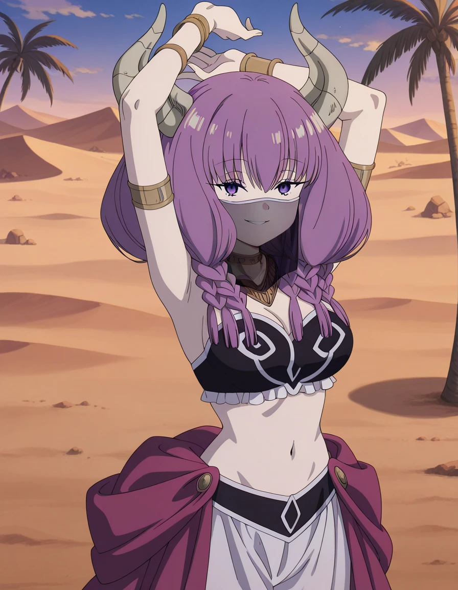 masterpiece, best quality, amazing quality,, <lora:aura-the-guillotine-s1-illustriousxl-lora-nochekaiser:1>, aura the guillotine, aura (sousou no frieren), long hair, purple eyes, purple hair, braid, horns, twin braids, mature female, medium breasts, anime screencap, <lora:harem-outfit-illustriousxl-lora-nochekaiser:1>, harem outfit, white veil, arabian clothes, neck ring, mouth veil, circlet, harem pants, thighlet, gold trim, dancer, smile, arms up, armpits, outdoors, desert, sand, palm tree, water, looking at viewer, solo, cowboy shot, , ,