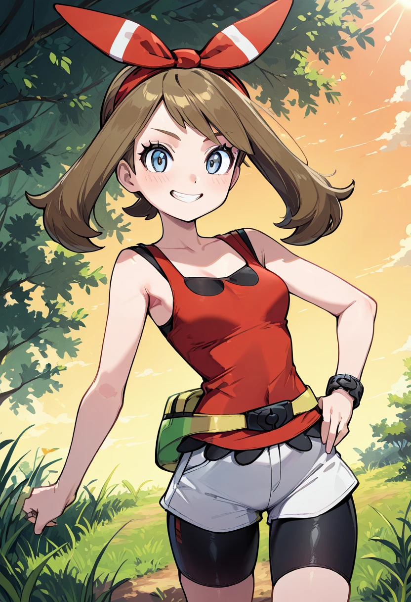 masterpiece, best quality, 1girl, eyelashes, (beautiful eyes), looking at viewer, smile, zzMayOras, red shirt, bracelet, sleeveless shirt, bike shorts, white shorts, fanny pack, solo, action pose, grassy field, dynamic jump â zzMayOras leaps high over a sunlit meadow, her red shirt fluttering, fanny pack bouncing against her hip, a wide adventurous grin on her face. (dynamic pose, foreshortening), ,<lora:MayORASPokemon_IXL:1.0>,