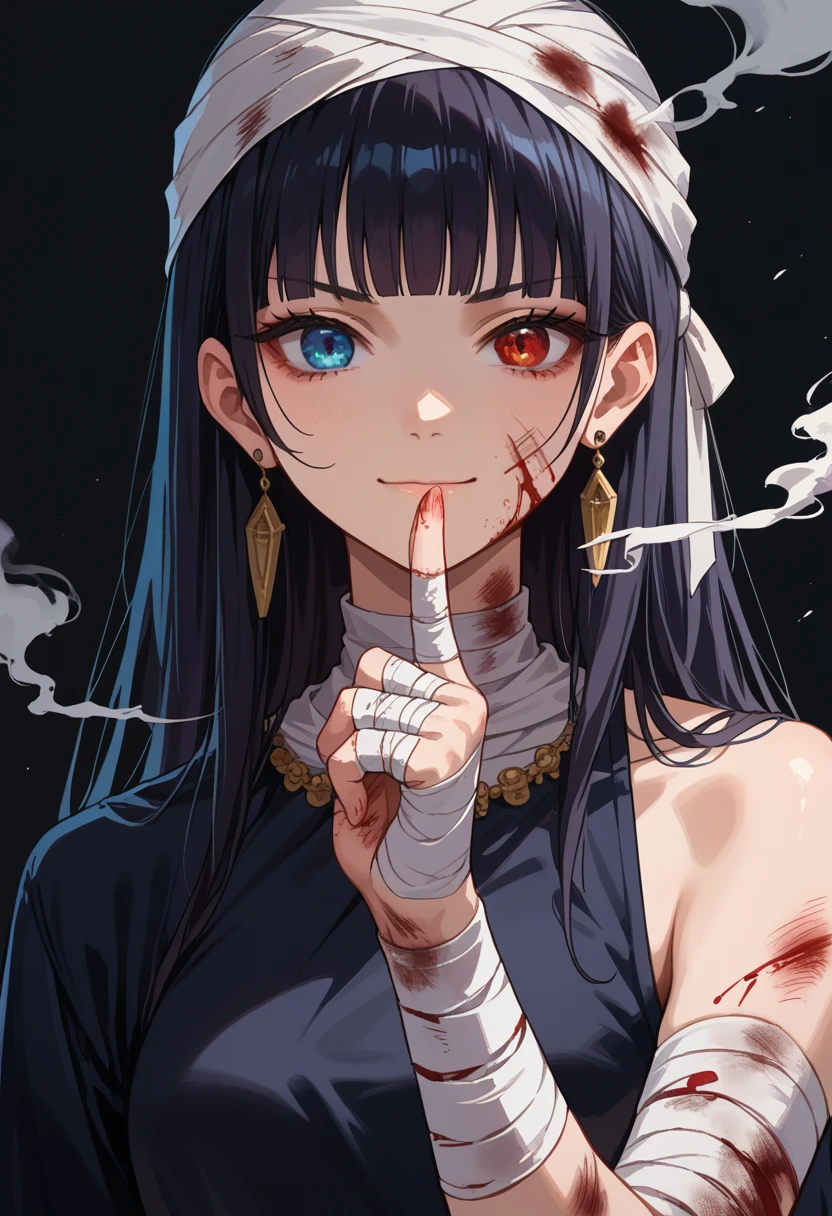 score_9, score_8_up, score_7_up, source_anime,
1girl, solo, long hair, looking at viewer, blue eyes, black hair, red eyes, closed mouth, jewelry, upper body, earrings, hand up, blunt bangs, blood, heterochromia, bandages, black background, bandaid, index finger raised, finger to mouth, smoke, bandaged arm, injury, bandaid on face, shushing, bandaged hand, bandaged head, bandaged neck, bandaged fingers, smirk, smile,