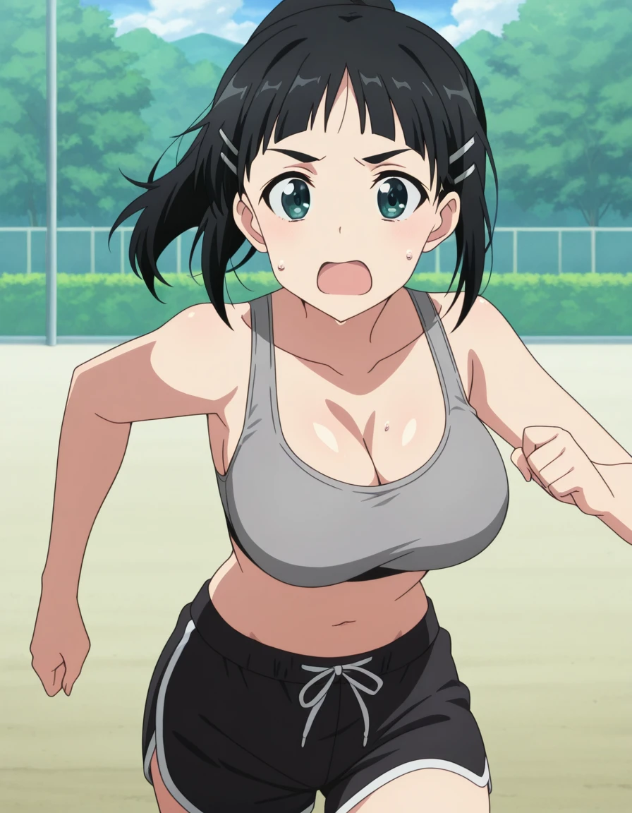 masterpiece, best quality, amazing quality,, <lora:suguha-kirigaya-s1-illustriousxl-lora-nochekaiser:1>, suguha kirigaya, short hair, black hair, hair ornament, hairclip, green eyes, mature female, breasts, anime screencap, <lora:dolphin-shorts-illustriousxl-lora-nochekaiser:1>, dolphin shorts, shorts, outdoors, running, sweat, open mouth, sports bra, cleavage, navel, midriff, ponytail, solo, cowboy shot,, , ,