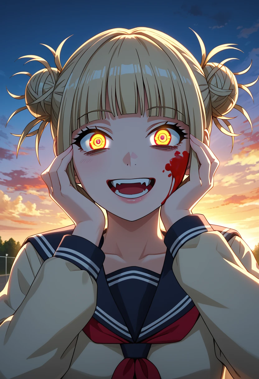 , masterpiece, best quality, amazing quality, very aesthetic, absurdres, newest, scenery, volumetric lighting , scenery, 1girl, toga himiko, teeth, open mouth, blood on face, smile, double bun, crazy eyes, hand on own cheek, upper body, school uniform backlighting, from above, dutch angle, , close-up, dutch angle, (colorful), from above, (((paint splatter))),{anime}, good lighting, detailed eyes, {very aesthetic}, {detailed},anime screencap,anime coloring