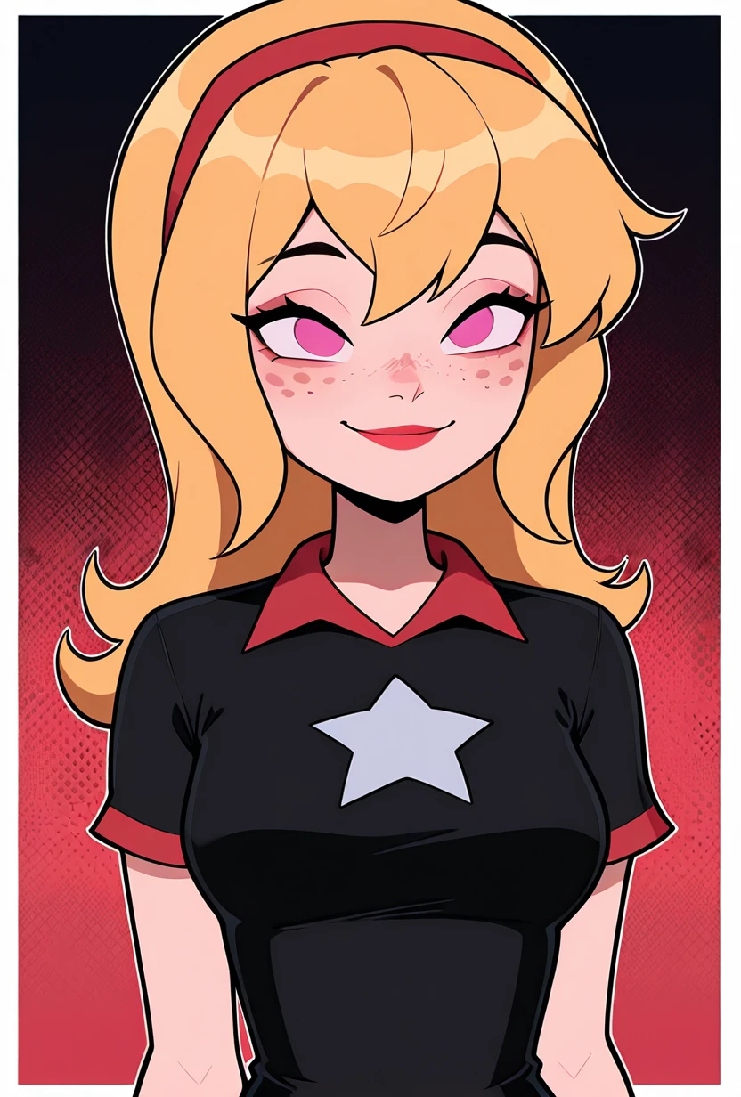 <lora:lucybig:1>, lucybig, long hair, blonde hair, red hairband, pink eyes, lipstick, smile, short sleeves, star (symbol), short dress, black dress, freckles, red theme,, masterpiece, best quality, amazing quality, very aesthetic, absurdres, newest,, upper body, halftone effect, white borders, abstract background:1.2,