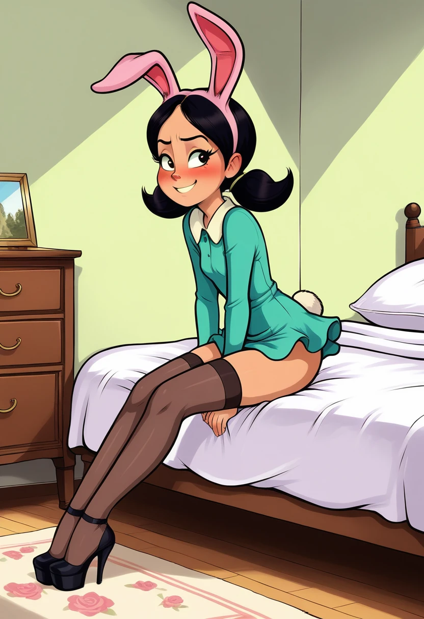 tennis girl's massive rear butt, cheeks out of bottomless slutty mini skirt out bare, showing her butt, lying down, on bed, wearing oven mittens under pillow, blindfold