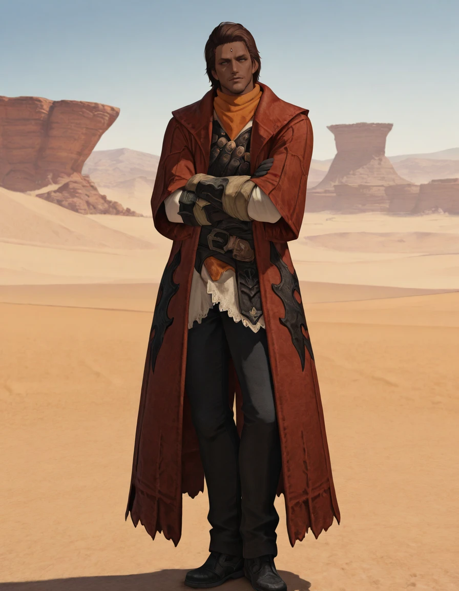 masterpiece, best quality, absurdres, newest, perfect quality, best quality, absolutely eye-catching, detailed background, intricate details, male focus, solo, realistic, <lora:FFXIV - Gaius - Illustrious-000005:0.7>, gaius_ffxiv, 1boy, mature male, dark skin, brown hair, medium hair, gray-green eyes, forehead mark, stubble, orange bandana, red long coat, armguards, gloves, leather vest, white shirt, belt, masks, black pants, black shoes, head tilt, outdoors, desert, crossed arms, contrapposto, head tilt
