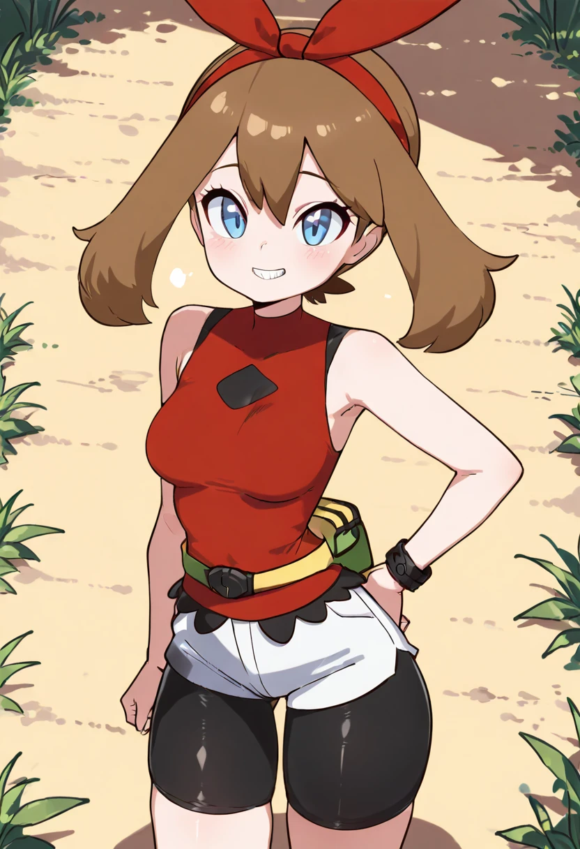 (masterpiece, best quality, good quality, very aesthetic, absurdres, newest:1.2), (curvy, medium breasts), zzMayOras, blue eyes, brown hair, medium hair, red hairband, red shirt, bracelet, sleeveless shirt, bike shorts, white shorts, fanny pack, solo, action pose, grassy field, dynamic jump â zzMayOras leaps high over a sunlit meadow, her red shirt fluttering, fanny pack bouncing against her hip, a wide adventurous grin on her face. ,<lora:MayORASPokemon_IXL:1.0>, , smile, looking at viewer, cowboy shot, ,<lora:Diives_NAI:1.0>,