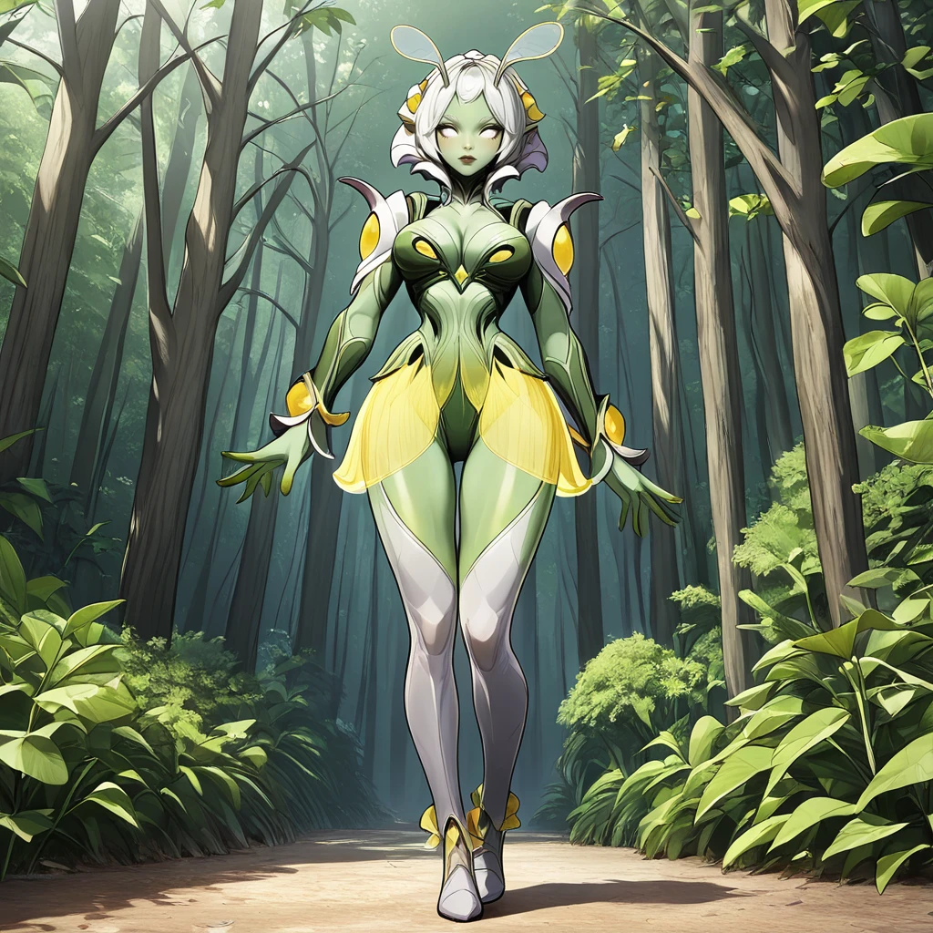 masterpiece, high quality, absurdres, best quality, very aesthetic, newest, 1girl, solo,, M4NTISFM, 1girl, solo,  colored skin, green skin, monster girl, plant girl, yellow skirt, leaf skirt, antennae,see-through, white eyes, pupilless,, hyper-detailed anime illustration of full body shot, large breast, cleavage, forest, anime art style, every element meticulously crafted, complex backgrounds with rich textures and depth, vibrant and harmonious color palette, dynamic lighting and shadows, capturing fine details in every scene, magical or surreal atmosphere, lifelike gestures and movements, elaborate compositions with multiple layers of detail, blending realism and anime aesthetics, fully immersive and visually captivating storytelling,