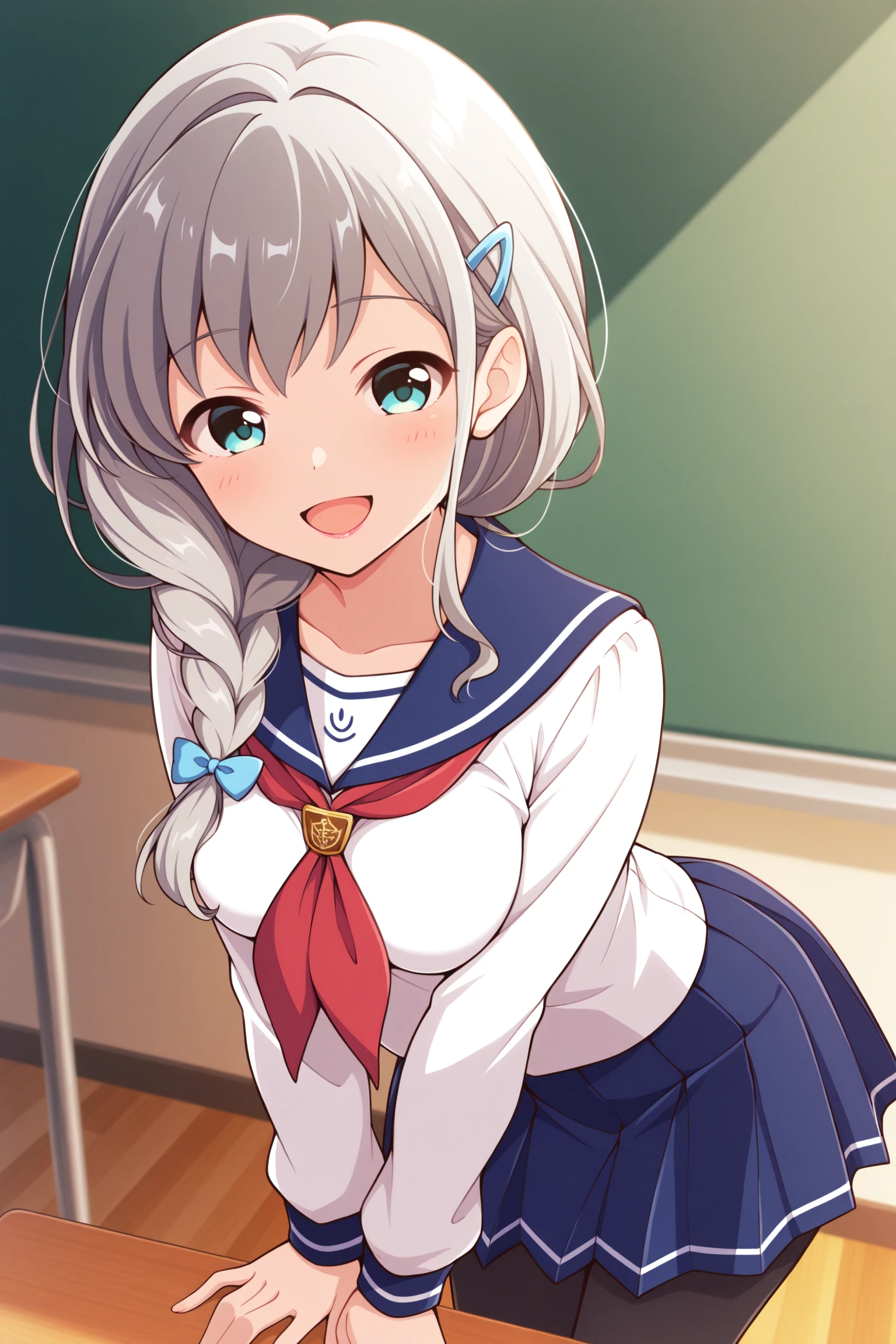 masterpiece, best quality, very aesthetic, narumiharuka, outfit2, solo, indoors, classroom, grey hair, blue hairclip, side braid, hair blue bow, bangs, hair over shoulder, long hair, aqua eyes, medium breasts, white serafuku, blue sailor collar, red neckerchief, long sleeves, blue skirt, pleated skirt, black pantyhose, school uniform, smile, open mouth, :d, pink lips, <lora:Narumi-Haruka:0.7>