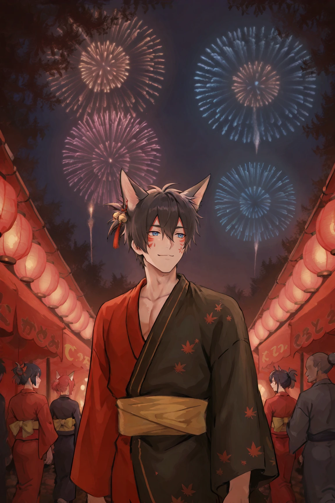 Kemoshota, naivety, fireworks, baggy Yukata, navel, dynamic angle, close-up, bottomless