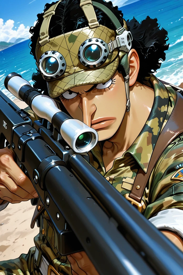 usopp-1male with long nose focus, black_usopp_hair, black eyes, expressionless, looking ahead, parted lips, manly, shiny skin, fighting stance, sniper rifle, aiming, military uniform, camouflage print, alternate costume, close-up, blurry outdoors ocean horizon, island, dramatic lighting, bloom, dutch angle, dynmic angle, dynamic pose, masterpiece, best quality, amazing quality, very aesthetic, absurdres, newest, very awa