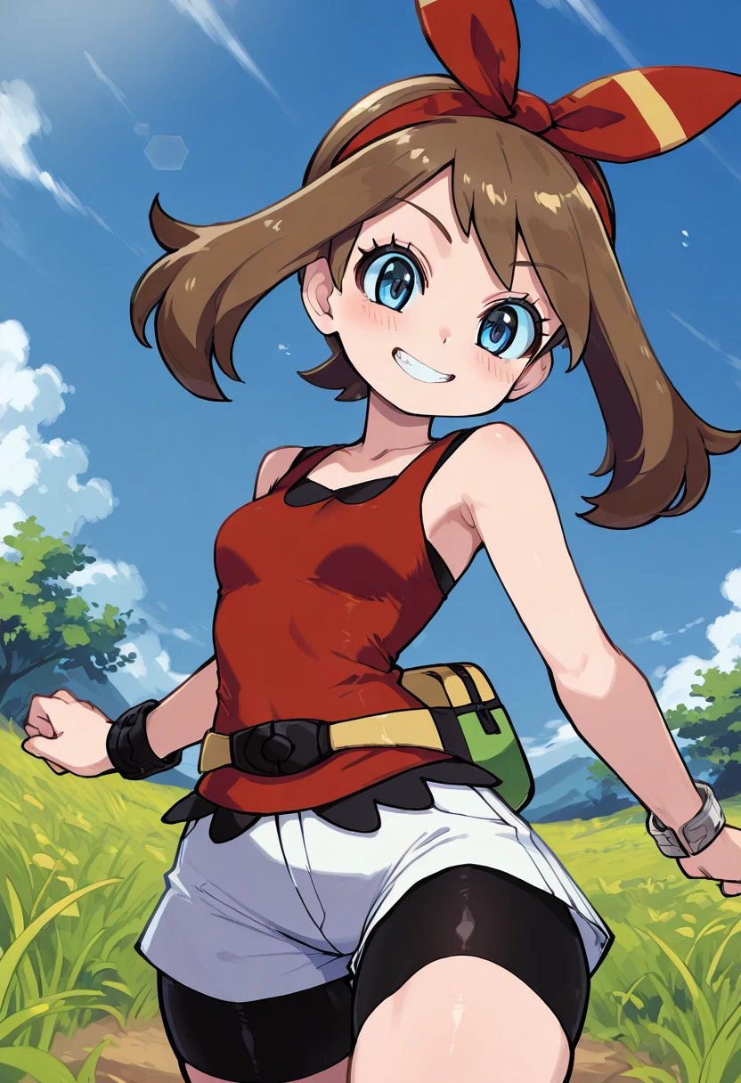 masterpiece, best quality, 1girl, eyelashes, (beautiful eyes), looking at viewer, smile, narrow waist, wide hips, zzMayOras, blue eyes, brown hair, medium hair, red hairband, , red shirt, bracelet, sleeveless shirt, bike shorts, white shorts, fanny pack, solo, action pose, grassy field, dynamic jump â zzMayOras leaps high over a sunlit meadow, her red shirt fluttering, fanny pack bouncing against her hip, a wide adventurous grin on her face. (dynamic pose, foreshortening), ,<lora:MayORASPokemon_IXL:1.0>, , smile, looking at viewer, cowboy shot, <lora:ZankuroIXLLight_v2:0.8>,