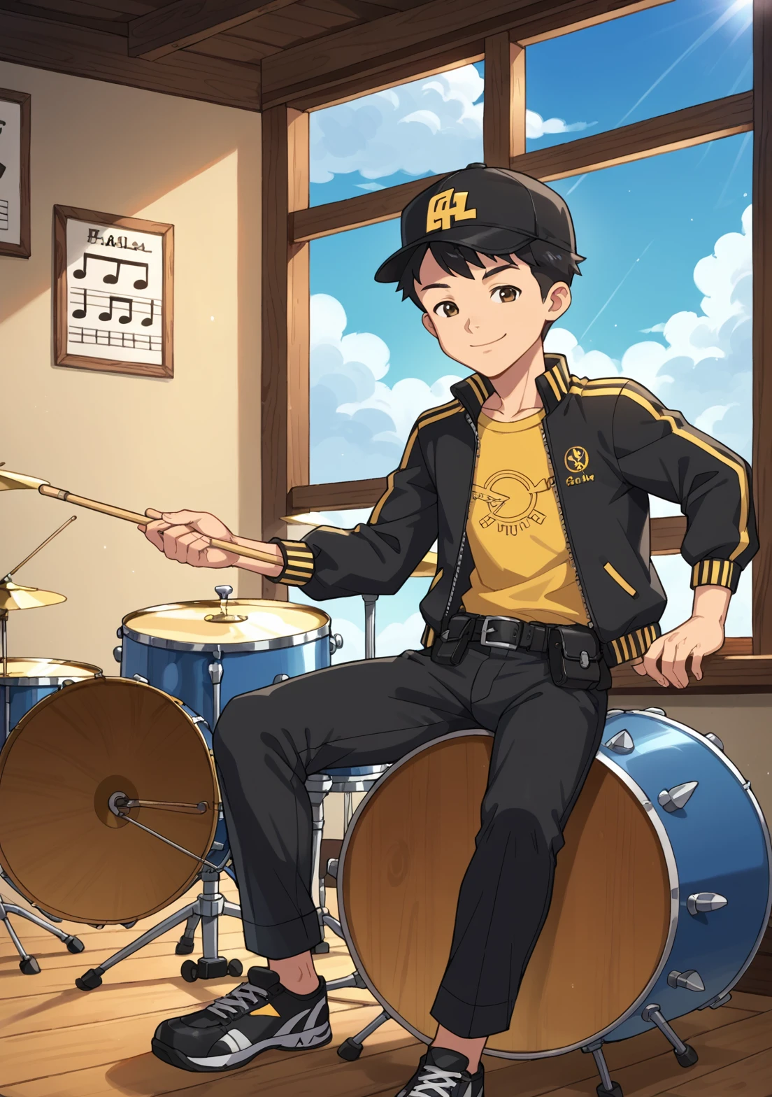 score_9, score_8_up, score_7_up, source_anime, BREAK, Max_(Dragon Tales), ((1boy, solo, aged up, teenager, sharp jawline, muscular, defined cheekbones, mature eyes)) ((black hair)), brown eyes, smiling,  sky,  cloud, window, indoors, drumset, drums, black footwear, long legs, ((black pants, calf length)), silver necklace, black baseball cap,  ((neon yellow with purple pattern shirt)), collared black jacket, long sleeved, zipper, black pouch, black belt, sitting, holding drumstick, music notes, sunlight, broad shoulders, teenager <lora:Max_Dragon_Tales-000010 (1):0.65>