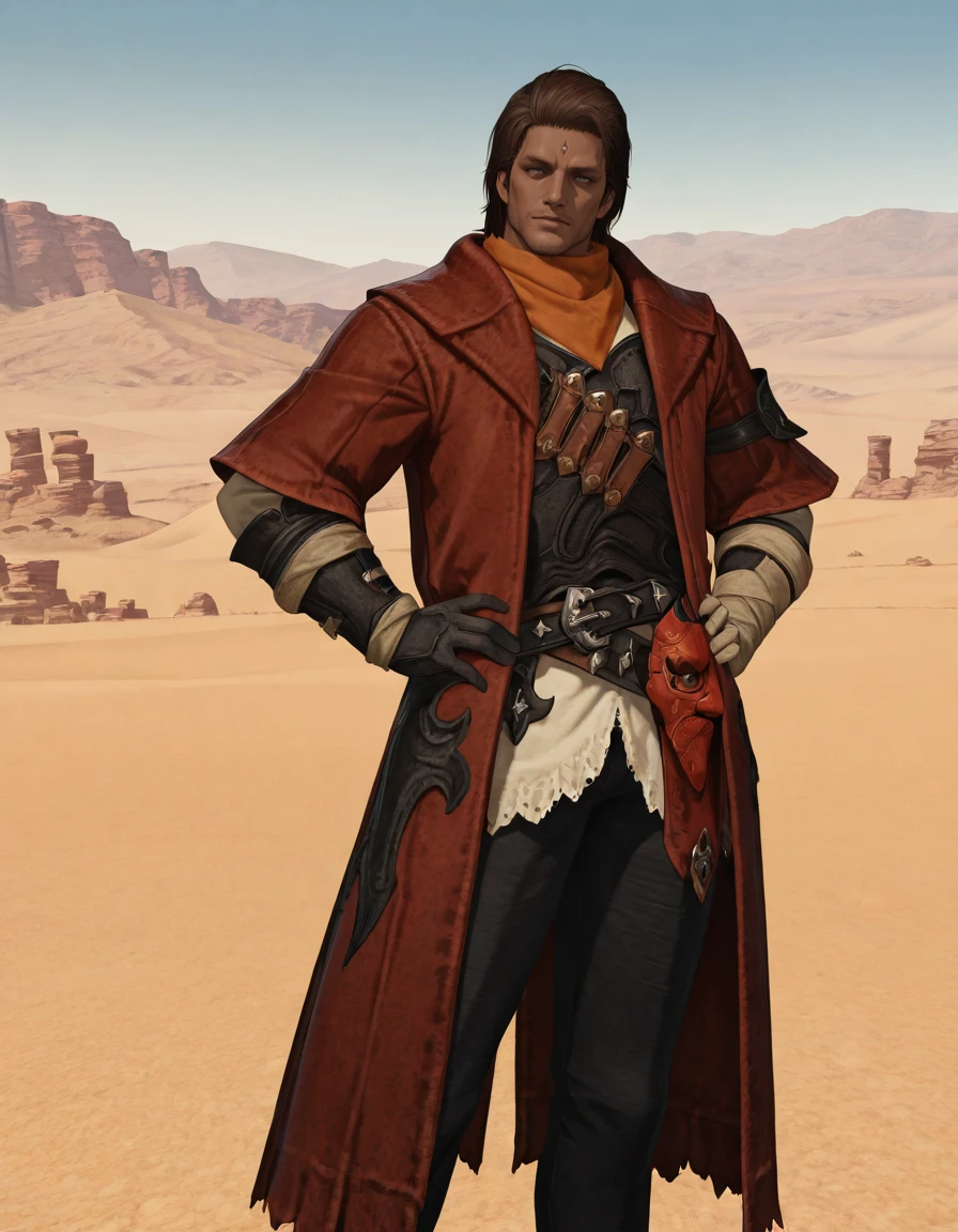 masterpiece, best quality, absurdres, newest, perfect quality, best quality, absolutely eye-catching, detailed background, intricate details, male focus, solo, realistic, <lora:FFXIV - Gaius - Illustrious-000005:0.7>, gaius_ffxiv, 1boy, mature male, dark skin, brown hair, medium hair, gray-green eyes, forehead mark, stubble, orange bandana, red long coat, armguards, gloves, leather vest, white shirt, belt, masks, black pants, black shoes, head tilt, outdoors, desert, hands on own hips, contrapposto, upper body