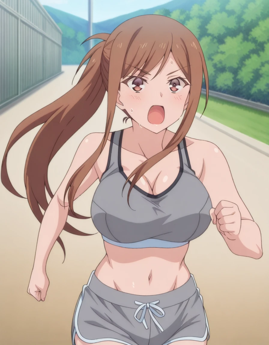 masterpiece, best quality, amazing quality,, <lora:ayane-shirakawa-ona-illustriousxl-lora-nochekaiser:1>, ayane shirakawa, long hair, brown hair, brown eyes, ponytail, sidelocks, mature female, breasts, anime screencap, <lora:dolphin-shorts-illustriousxl-lora-nochekaiser:1>, dolphin shorts, shorts, outdoors, running, sweat, open mouth, sports bra, cleavage, navel, midriff, ponytail, solo, cowboy shot,, , ,