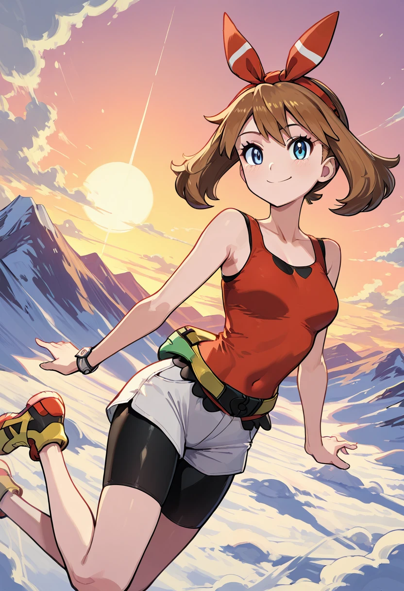 masterpiece, best quality, 1girl, eyelashes, (beautiful eyes), looking at viewer, smile, zzMayOras, red shirt, bracelet, sleeveless shirt, bike shorts, white shorts, fanny pack, solo, midair pose, mountain path, misty background â Mid-jump over a misty mountain trail, zzMayOras stretches out her arms, red shirt and white shorts vivid against the cool morning fog. (dynamic pose, foreshortening), ,<lora:MayORASPokemon_IXL:1.0>,