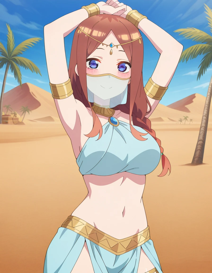 masterpiece, best quality, amazing quality,, <lora:miku-nakano-honeymoon-illustriousxl-lora-nochekaiser:1>, miku nakano, long hair, bangs, brown hair, blue eyes, braid, parted bangs, single braid, hair over shoulder, mature female, breasts, anime screencap, <lora:harem-outfit-illustriousxl-lora-nochekaiser:1>, harem outfit, white veil, arabian clothes, neck ring, mouth veil, circlet, harem pants, thighlet, gold trim, dancer, smile, arms up, armpits, outdoors, desert, sand, palm tree, water, looking at viewer, solo, cowboy shot, , ,