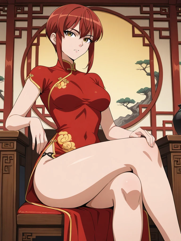 White short haired woman, with yellow eyes, mostrando os peitos, legs open showing pussy, with an angry face and a provocative look, Wearing traditional Chinese imperial clothing in gold and black, with red Hanafuda earrings, with a short red skirt. On your knees in a hotel room bed, with a sunset in the window in the background.