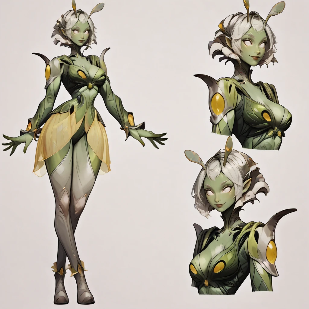 masterpiece, high quality, absurdres, best quality, very aesthetic, newest, 1girl, solo,, M4NTISFM, 1girl, solo,  colored skin, green skin, monster girl, plant girl, yellow skirt, leaf skirt, antennae,see-through, white eyes, pupilless,, hyperrealistic art of full body shot, large , cleavage, forest, smile. extremely high-resolution details, photographic, realism pushed to extreme, fine texture, incredibly lifelike,