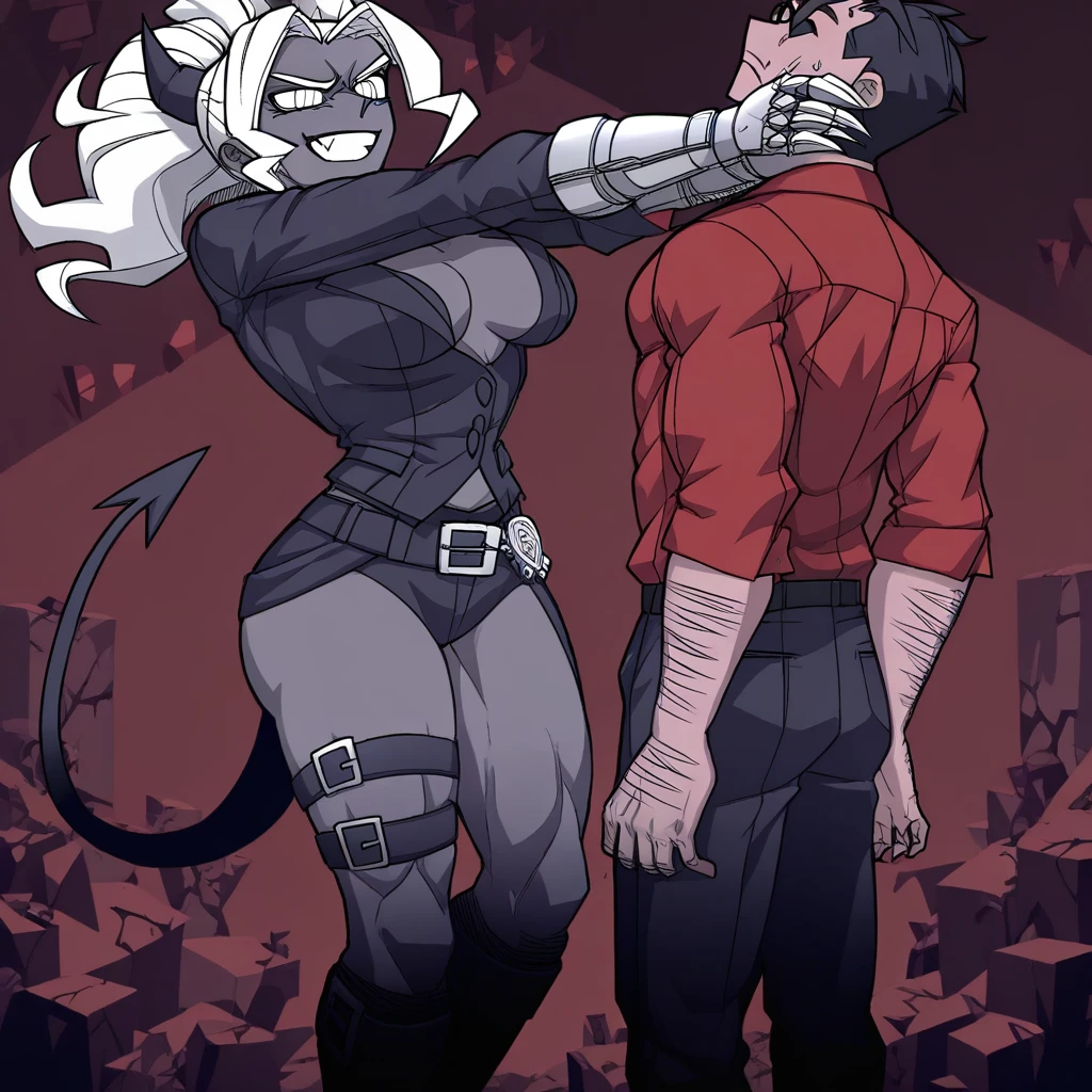 masterpiece, best quality, newest, absurdres, highres, CLV2.0-femdom, femdom, neck grab, hand on another's neck, chokehold, choke hold, lifting person, 1girl, judgement (helltaker), grey skin, grey colored skin, dark skin, demon girl, demon tail, demon horns, horns, jacket, open jacket, thigh strap, white eyes, clawed gauntlets, belt, black belt, white hair, BREAK 1boy, helltaker (helltaker), black hair, short hair, muscular, muscular male,