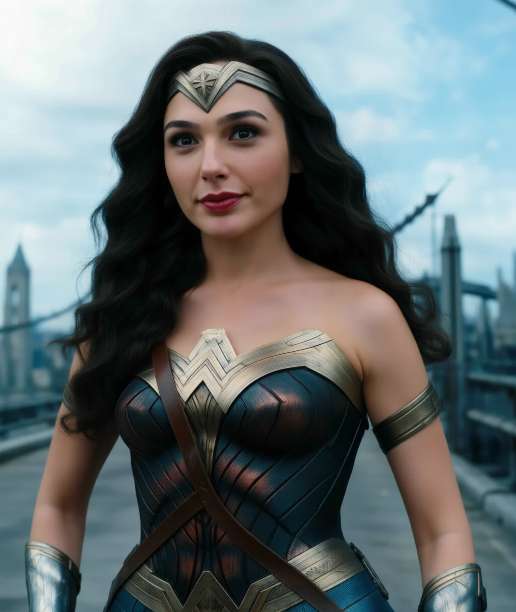 A high-resolution photograph features a woman dressed as a superhero, standing confidently against a backdrop of a sprawling cityscape. The woman has long, wavy dark brown hair that cascades over her shoulders, framed by a metallic headband featuring a stylized winged emblem, catching the light with a subtle gleam and adorned with intricate detailing that suggests advanced technology. She possesses a light olive skin tone and a composed, yet resolute expression, her eyes narrowed slightly in a focused gaze, enhanced by subtly applied eyeshadow that accentuates her natural beauty and intensity. Her lips are painted with a bold, classic red lipstick, adding a touch of defiance and power to her overall appearance. Her attire is reminiscent of a superhero costume, consisting of a strapless top with an intricate gold metallic design that echoes the shape of a stylized "W," accentuating her shoulders and adding to her commanding presence. Her hands are clasped lightly in front of her, conveying a sense of inner strength and controlled power, fingers gently interlaced as if poised for action.
The background features a delicately blurred view of a distant cityscape punctuated by tall buildings and a gracefully arching bridge, all set beneath a cloud-veiled sky. The color palette is muted and natural, infused with a subtle blue tint from the atmospheric clouds, lending a touch of depth to the scene. The woman's costume, with its striking metallic accents, projects an aura of strength and capability, while her composed expression suggests a deep well of determination and unshakable focus. The overall mood of the image is one of heroic presence and unwavering resolve, capturing a moment of quiet power and steadfast dedication, enhanced by the subtle touches of red lipstick, expertly applied eye makeup, and technologically advanced headwear.