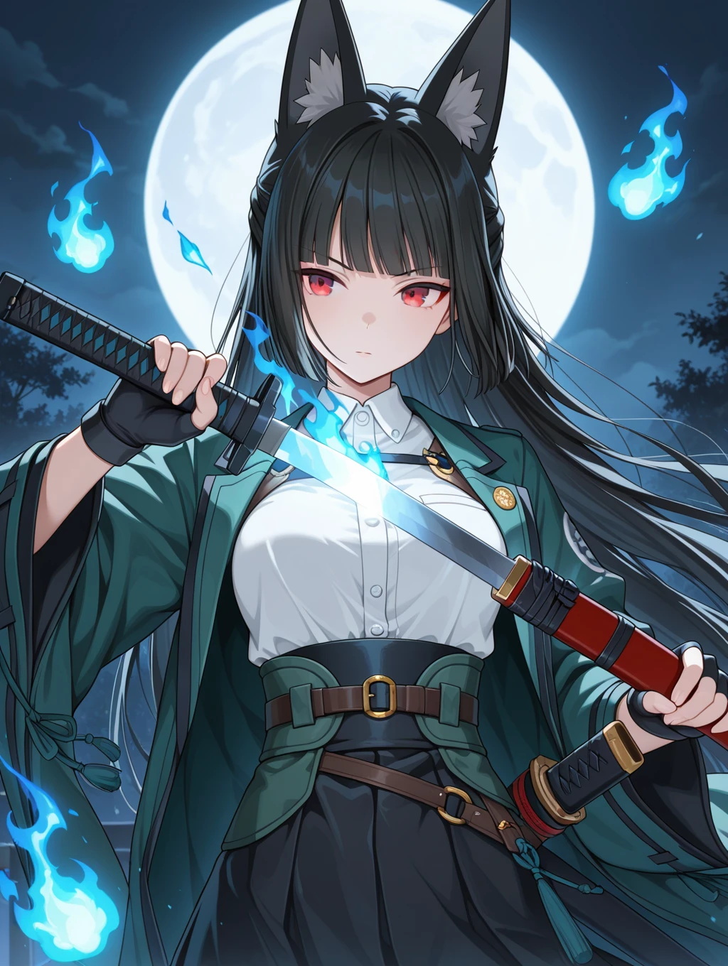 1girl, hoshimi miyabi, animal ears, black hair, black skirt, blue fire, blunt bangs, facing viewer, fingerless gloves, fire, fox ears, fox girl, full moon, gloves, green jacket, high-waist skirt, holding, holding sword, holding weapon, jacket, moon, night, red eyes, sheath, shirt, skirt, solo, sword, sword in front of face, unsheathing, weapon, white shirt
,masterpiece,best quality,amazing quality,