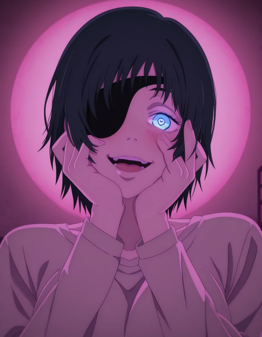 masterpiece, best quality, amazing quality,, <lora:chainsawman-himeno-s1-illustriousxl-lora-nochekaiser:1>, himeno, himeno (chainsaw man), short hair, black hair, blue eyes, eyepatch, mature female, breasts, anime screencap, <lora:yandere-trance-illustriousxl-lora-nochekaiser:1>, yandere trance, yandere, hands on own cheeks, hands on own face, crazy eyes, crazy smile, crazy, heart-shaped pupils, glowing eyes, symbol-shaped pupils, hand on own face, open mouth, glowing, blush, looking at viewer,,