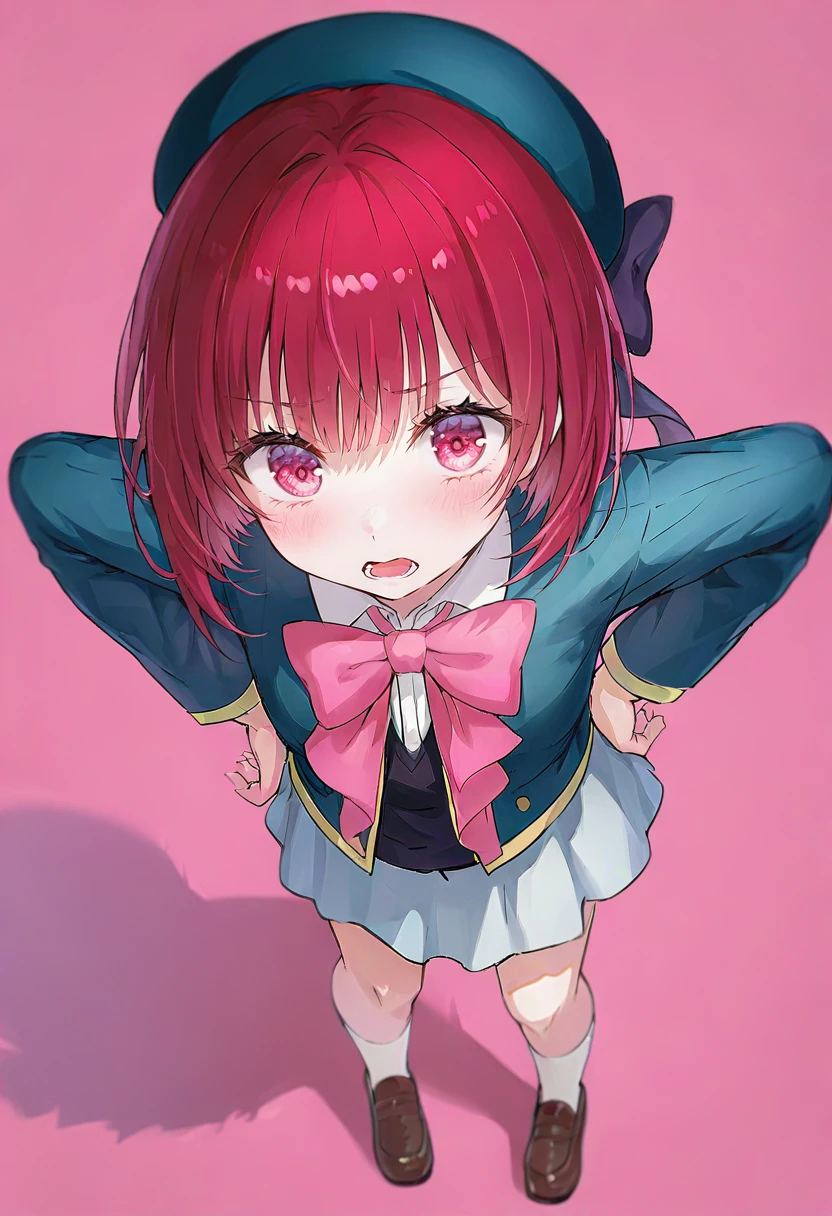 1girl, solo, hat, skirt, bow, socks, white socks, red hair, blush, white background, jacket, shoes, looking at viewer, shirt, from above, open mouth, full body, simple background, blue jacket, short hair, beret, loafers, long sleeves, bangs, standing, brown footwear, school uniform, pink bow, white shirt, pink eyes, hands on hips, red eyes, collared shirt, shadow <lora:tokkyuXL_il1_lokr_V6311P:0.95>