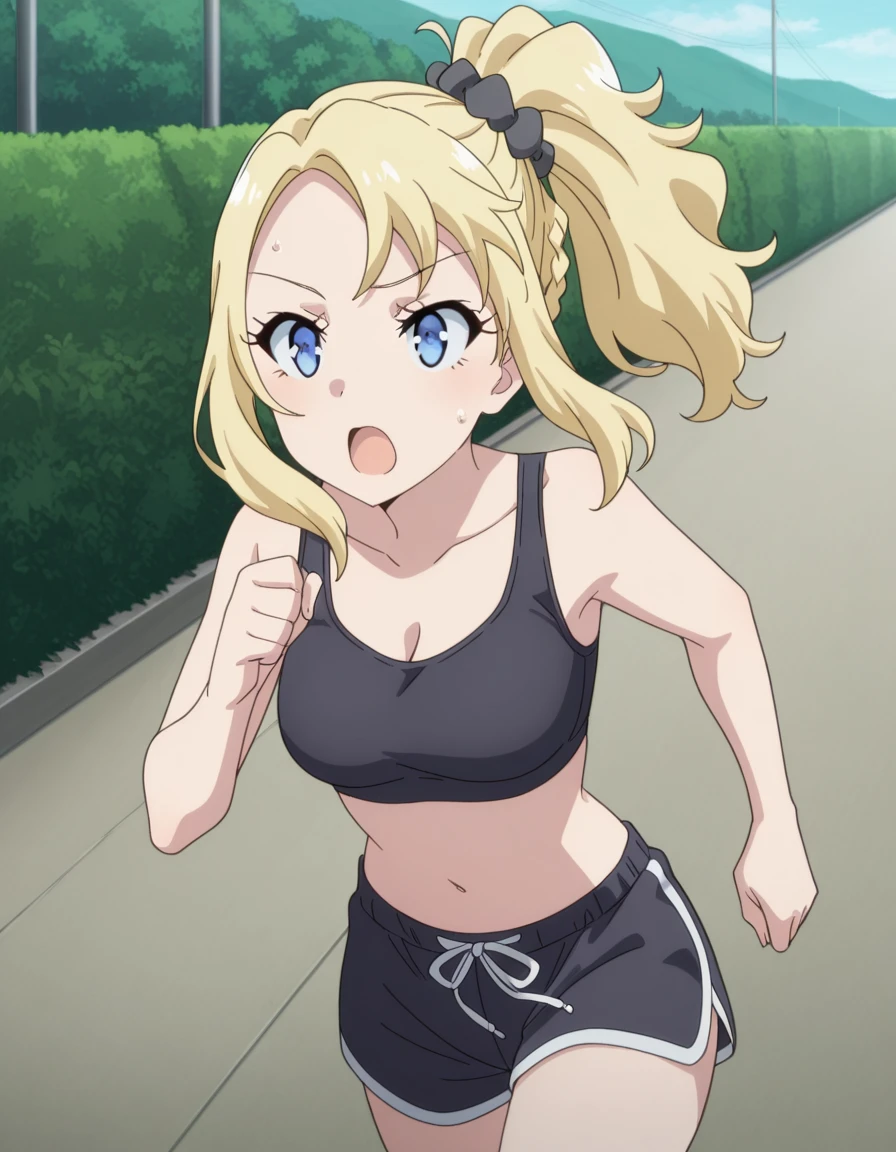 masterpiece, best quality, amazing quality,, <lora:nodoka-toyohama-s1-illustriousxl-lora-nochekaiser:1>, nodoka toyohama, toyohama nodoka, bangs, blue eyes, blonde hair, hair ornament, sidelocks, side ponytail, scrunchie, hair scrunchie, blue scrunchie, braid, mature female, small breasts, anime screencap, <lora:dolphin-shorts-illustriousxl-lora-nochekaiser:1>, dolphin shorts, shorts, outdoors, running, sweat, open mouth, sports bra, cleavage, navel, midriff, ponytail, solo, cowboy shot,, , ,