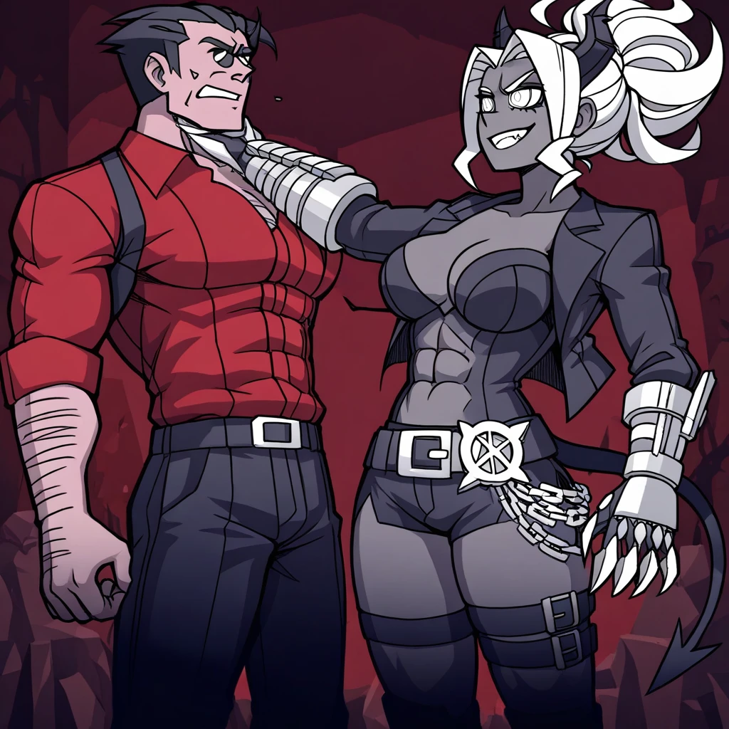 masterpiece, best quality, newest, absurdres, highres, CLV2.0-femdom, femdom, neck grab, hand on another's neck, chokehold, choke hold, lifting person, 1girl, judgement (helltaker), grey skin, grey colored skin, dark skin, demon girl, demon tail, demon horns, horns, jacket, open jacket, thigh strap, white eyes, clawed gauntlets, belt, black belt, white hair, BREAK 1boy, helltaker (helltaker), black hair, short hair, muscular, muscular male,