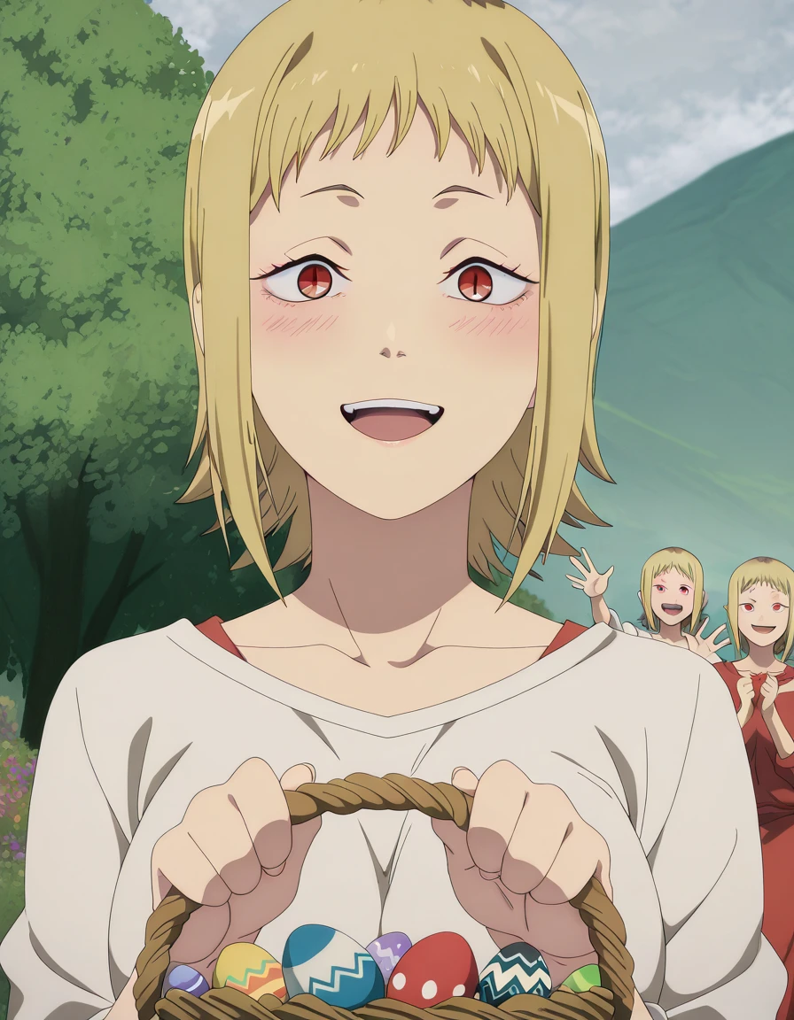 masterpiece, best quality, amazing quality,, <lora:akane-sawatari-s1-illustriousxl-lora-nochekaiser:1>, akane sawatari, sawatari akane, short hair, blonde hair, red eyes, mature female, medium breasts, anime screencap, <lora:easter-egg-basket-illustriousxl-lora-nochekaiser:1>, easter egg basket, looking at viewer, blush, smile, holding, basket, egg, holding basket, easter egg, outdoors, open mouth, hands up,