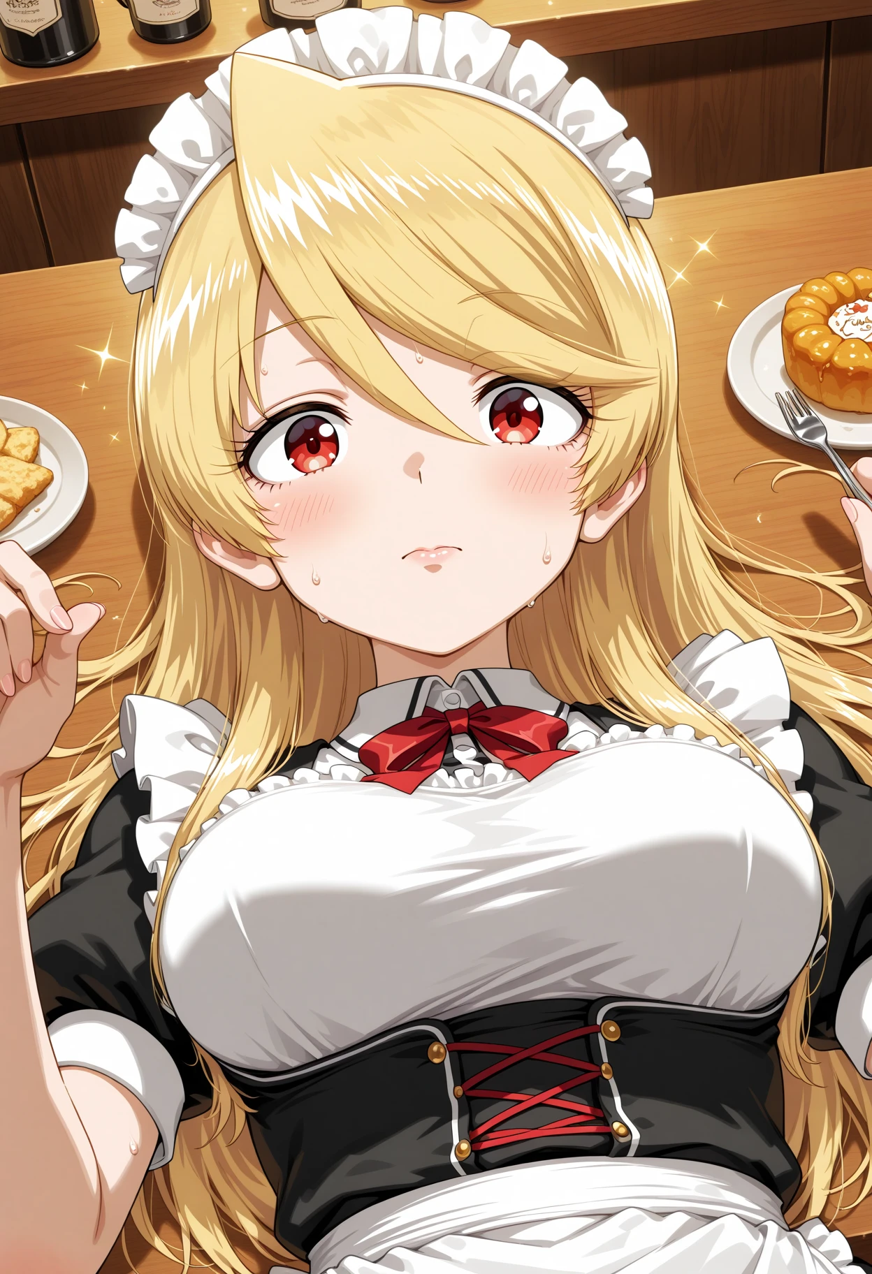 anime girl with long blonde hair sitting at a table with a plate of food, seductive anime girl, ( waitress ) girl, attractive anime girl, ecchi anime style, blonde anime girl with long hair, anime girl, (anime girl), cute anime girl, ecchi, oppai, anime best girl, pretty anime girl, beautiful anime girl, anime moe artstyle