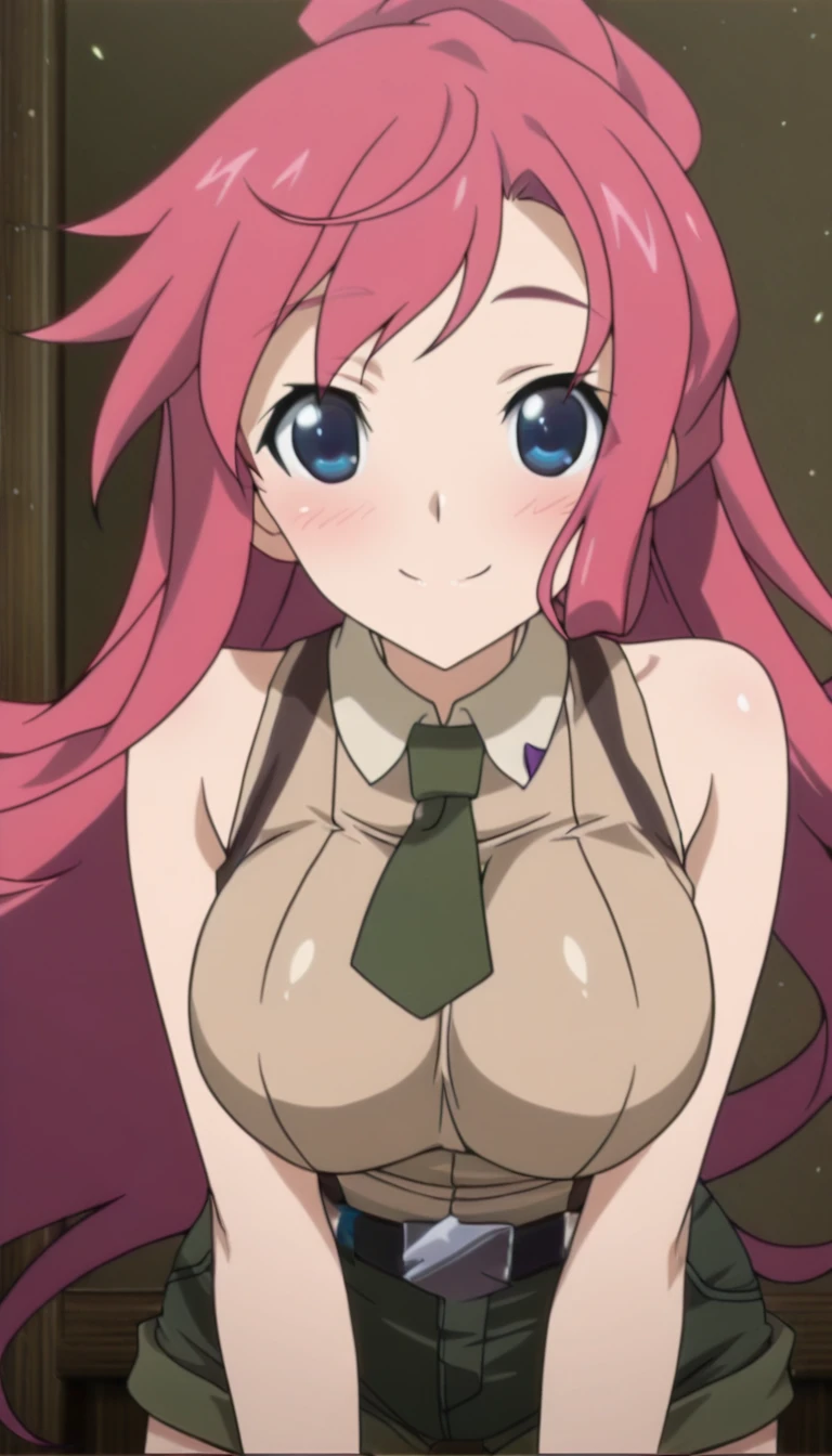 (masterpiece),best quality,amazing quality,very aesthetic,absurdres,newest,perfect body,shiny skin,perfect eyes,detail1eye,well-defined fingers,well-defined fingernails,anime style,indoors,1girl,solo,upper body,(portrait:1.5),looking at viewer,facing viewer,smile,blush,Infinite Stratos style,Novice female,Novice female uniform,very long hair,pink hair,floating hair,bangs,blue eyes,collared shirt,sleeveless shirt,beige shirt,large breasts,dark green necktie,bare arms,fingerless gloves,black belt,suspender shorts,green shorts,short shorts,shorts rolled up,zettai ryouiki,black thighhighs,boots,<lora:TNT-Novice female(tnt)-Illus:1.6>,<lora:Infinite Stratos anime[style]-Illus:2>,