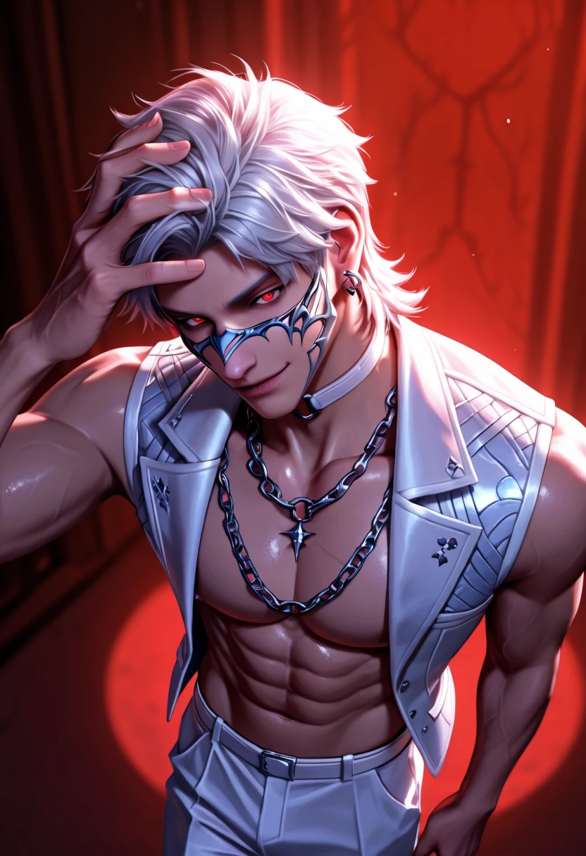 a close up of a person with tattoos on their chest, Evil and cunning male, male djinn man demon hybrid, djinn man male demon, male vampire of clan banu haqim, demon male, final fantasy 14 style, tranding on pxiv, prince crown of black gears, wearing shiny breastplate, fit male demon with white horns