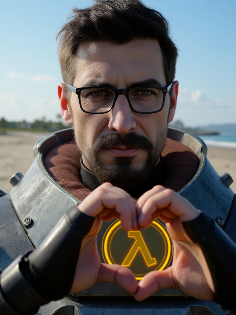 <lora:Gordon_Freeman:0.9> gordon freeman, a man with facial hair and glasses. he wears a science fiction armor. Closeup face portrait. heart sign with fingers. Beach background