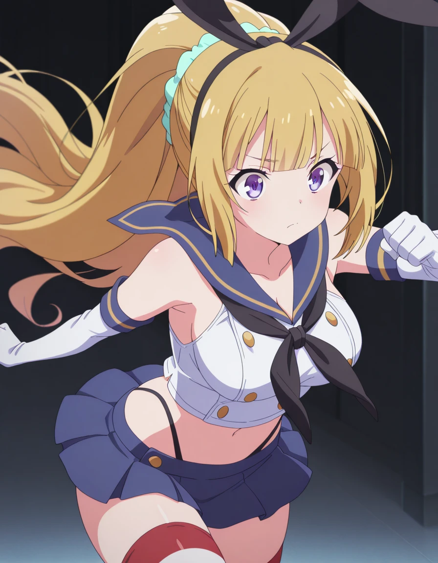 masterpiece, best quality, amazing quality,, <lora:kei-karuizawa-s2-v2-illustriousxl-lora-nochekaiser:1>, kei karuizawa, long hair, bangs, blunt bangs, purple eyes, blonde hair, hair ornament, ponytail, scrunchie, breasts, blue scrunchie, anime screencap, <lora:shimakaze-cosplay-illustriousxl-lora-nochekaiser:1>, shimakaze cosplay, shimakaze (cosplay), highleg panties, black neckerchief, microskirt, striped thighhighs, highleg, black panties, elbow gloves, thong, blue sailor collar, white gloves, crop top, sailor collar, blue skirt, black hairband, bunny ears,, <lora:dynamic-pose-illustriousxl-lora-nochekaiser:1>, dynamic pose, incoming attack, cowboy shot, ,