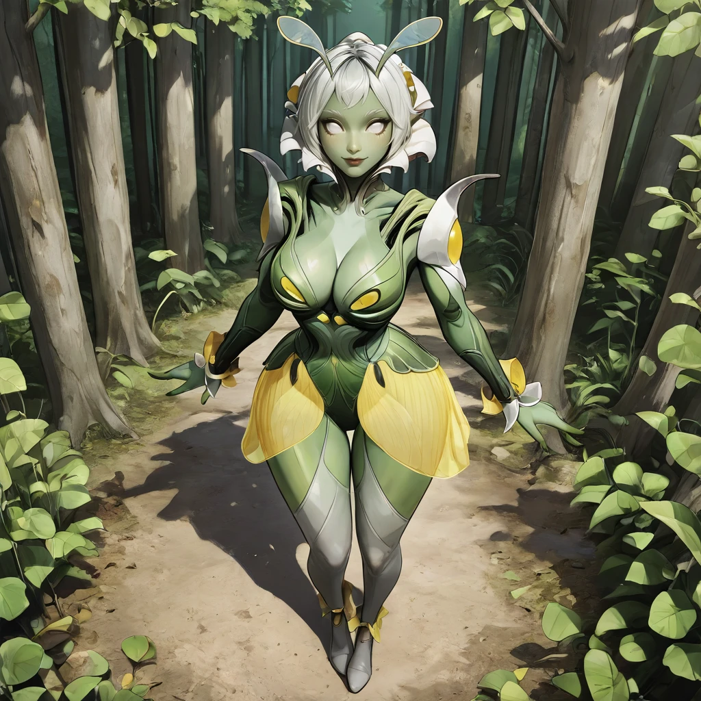 masterpiece, high quality, absurdres, best quality, very aesthetic, newest, 1girl, solo,, M4NTISFM, 1girl, solo,  colored skin, green skin, monster girl, plant girl, yellow skirt, leaf skirt, antennae,see-through, white eyes, pupilless,, hyperrealistic art of full body shot, large , cleavage, forest, smile. extremely high-resolution details, photographic, realism pushed to extreme, fine texture, incredibly lifelike,