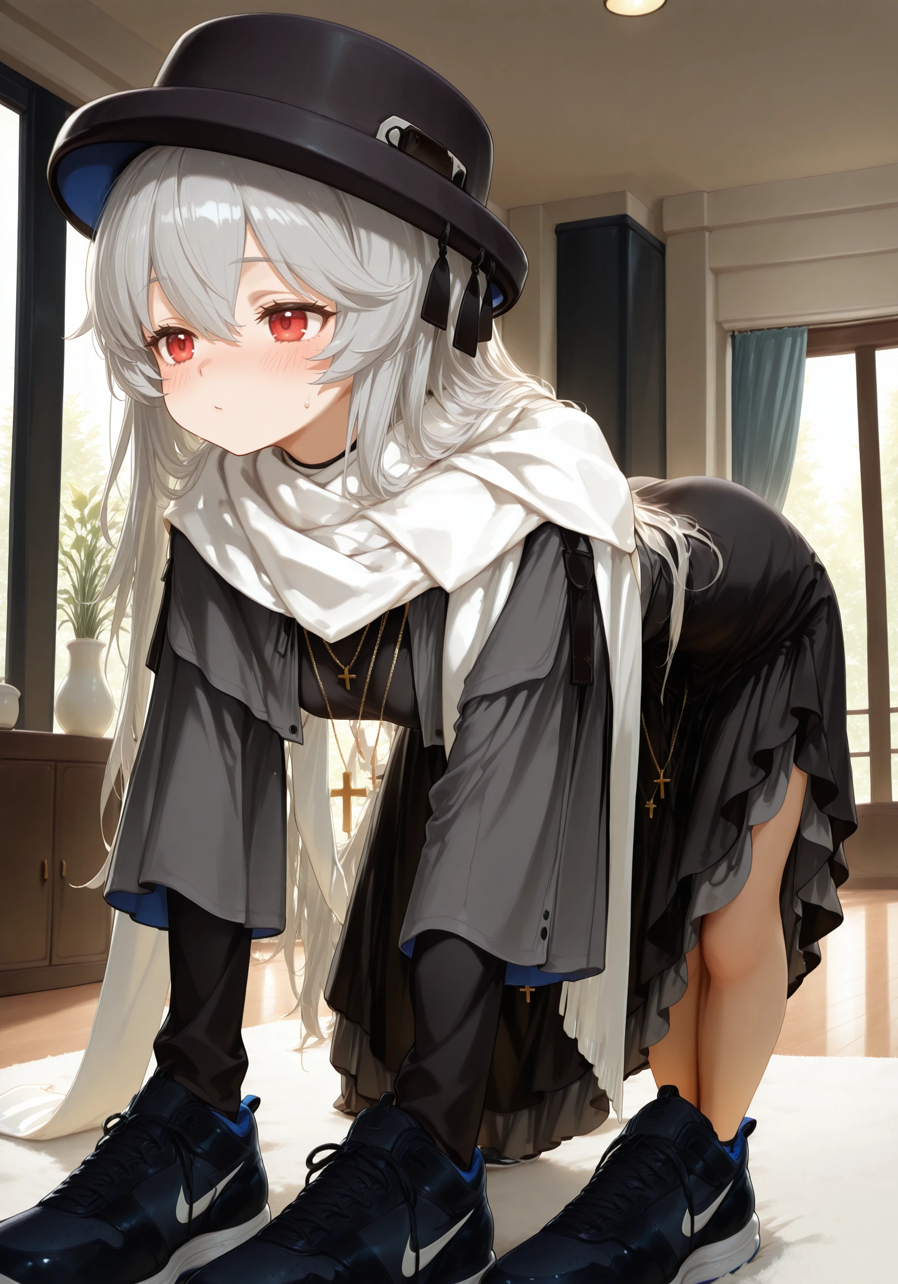 tralaleropose,all fours,legs together,bent over,sneakers,black footwear,masterpiece,best quality,amazing quality,very aesthetic,high resolution,ultra-detailed,absurdres,indoors,
1girl,solo,sp3cterudcr,long hair,grey hair,hair between eyes,black headwear,porkpie hat,red eyes,long dress,layered dress,black dress,long sleeves,white scarf,multiple necklaces,cross necklace,
<lora:TralaleroPoseILV1>,<lora:arknights_specter_illustriousXL-DEFAULT:1>,