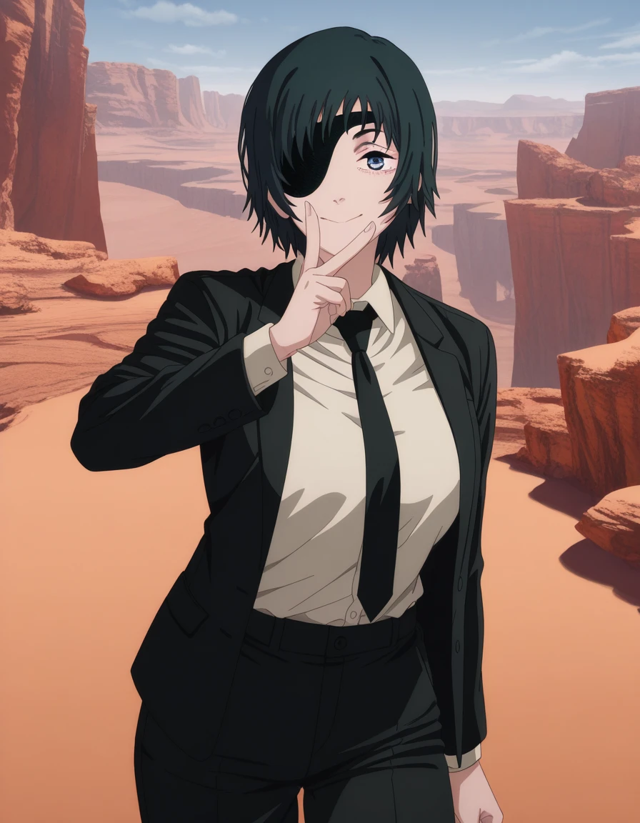 masterpiece, best quality, amazing quality,, <lora:chainsawman-himeno-s1-illustriousxl-lora-nochekaiser:1>, himeno, himeno (chainsaw man), short hair, black hair, blue eyes, eyepatch, mature female, breasts, anime screencap, shirt, long sleeves, jacket, white shirt, necktie, collared shirt, pants, black jacket, black pants, formal, suit, black necktie, shirt tucked in, office lady,, v, v over mouth, smug,, canyon, cliffs, desert, rocky, open, cowboy shot, solo, looking at viewer