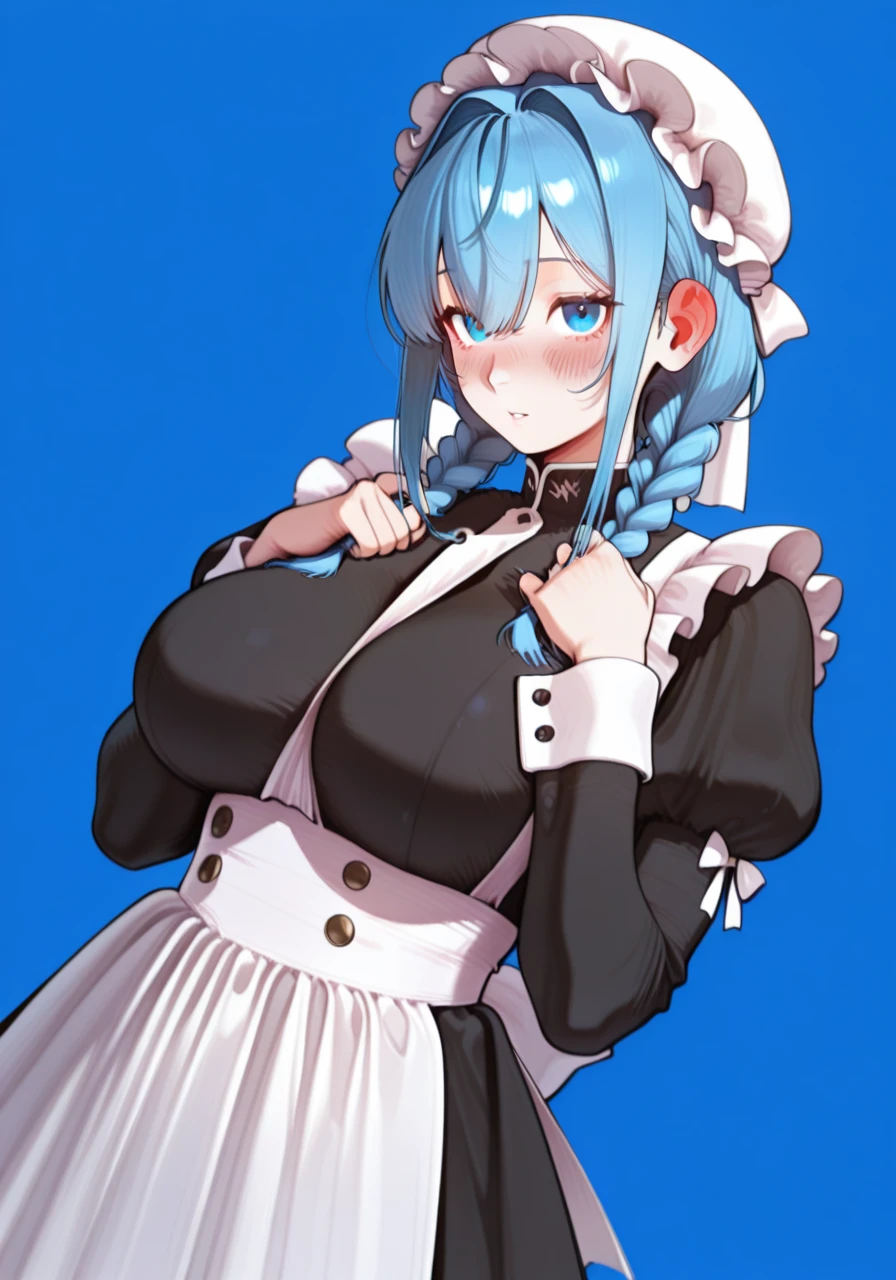 ultra-detailed,(best quality),((masterpiece)),(highres),original,extremely,<lora:shenhe2_xl:1>,hair over one eye,bangs,shenhe, 1girl, breasts, large breasts, solo, maid, cleavage, animal ears, thighhighs, bell, alternate costume, braid, dress, apron, maid headdress, frills, gloves, white background, maid apron, cat ears, enmaided, garter straps, clothes lift, blush, neck bell, black gloves, clothing cutout, skirt hold, short sleeves, looking at viewer, black thighhighs, simple background, blue hair, lifted by self, cleavage cutout, black dress, jingle bell, frilled dress, puffy sleeves