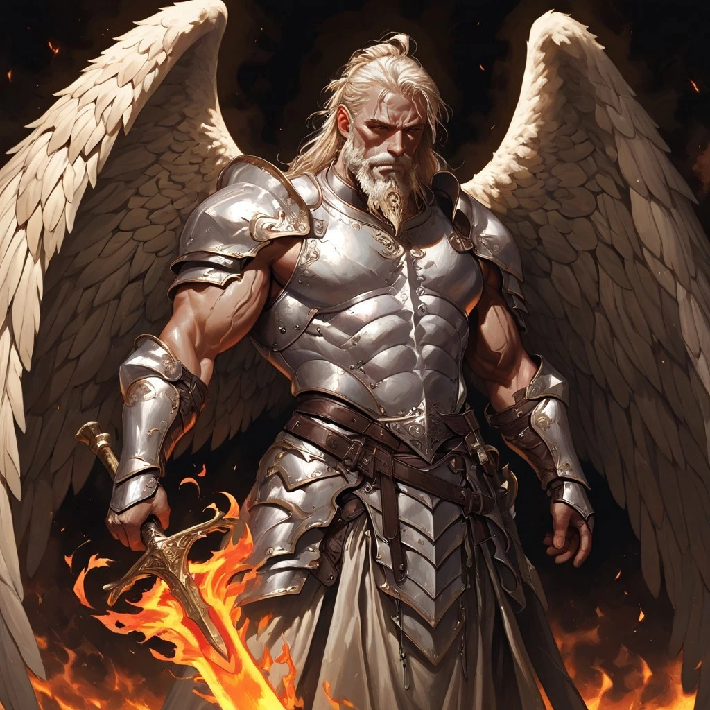masterpiece, best quality, newest, absurdres, highres,
HFMV1.0, 1boy, angel, angel wings, beard, armor, sword, holding, holding sword, holding weapon, manly, muscular male, fire, fire sword, flame sword,
