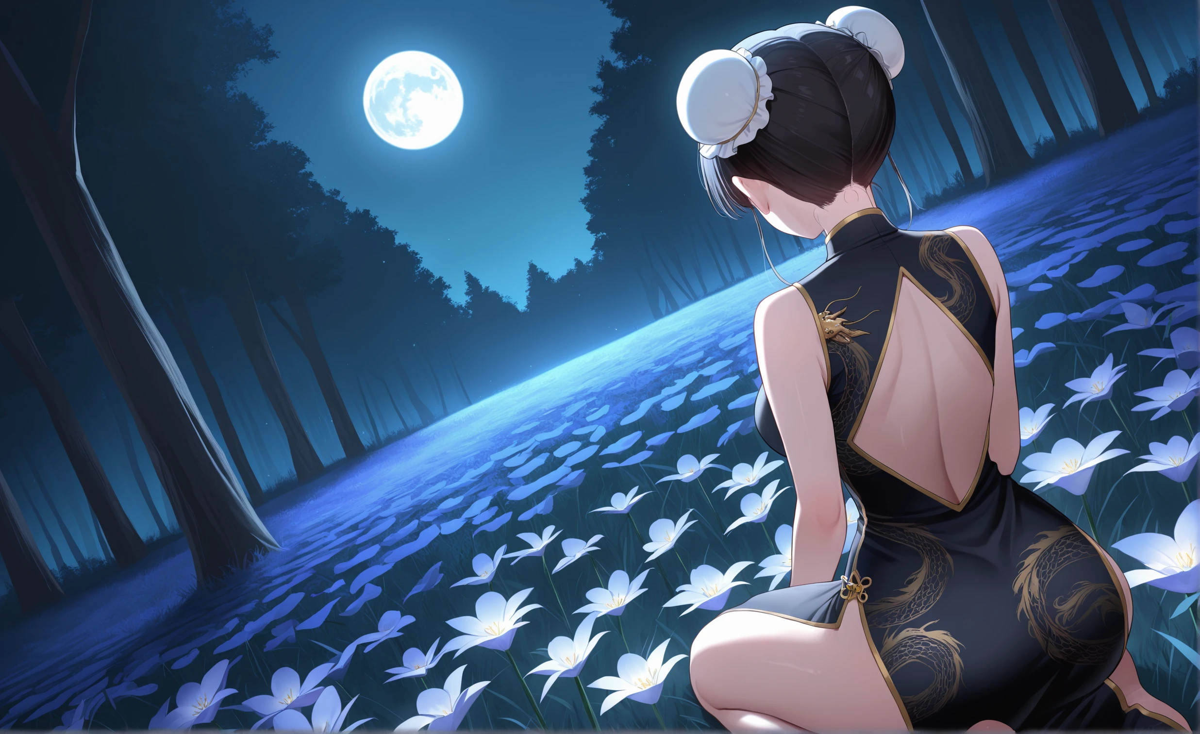 masterpiece, best quality,  1girl, night, outdoors, sitting, from behind,  china dress, black dress, double bun, grass, bun cover, seiza, full moon, from above, dutch angle, forest, flower field, dragon ornament,