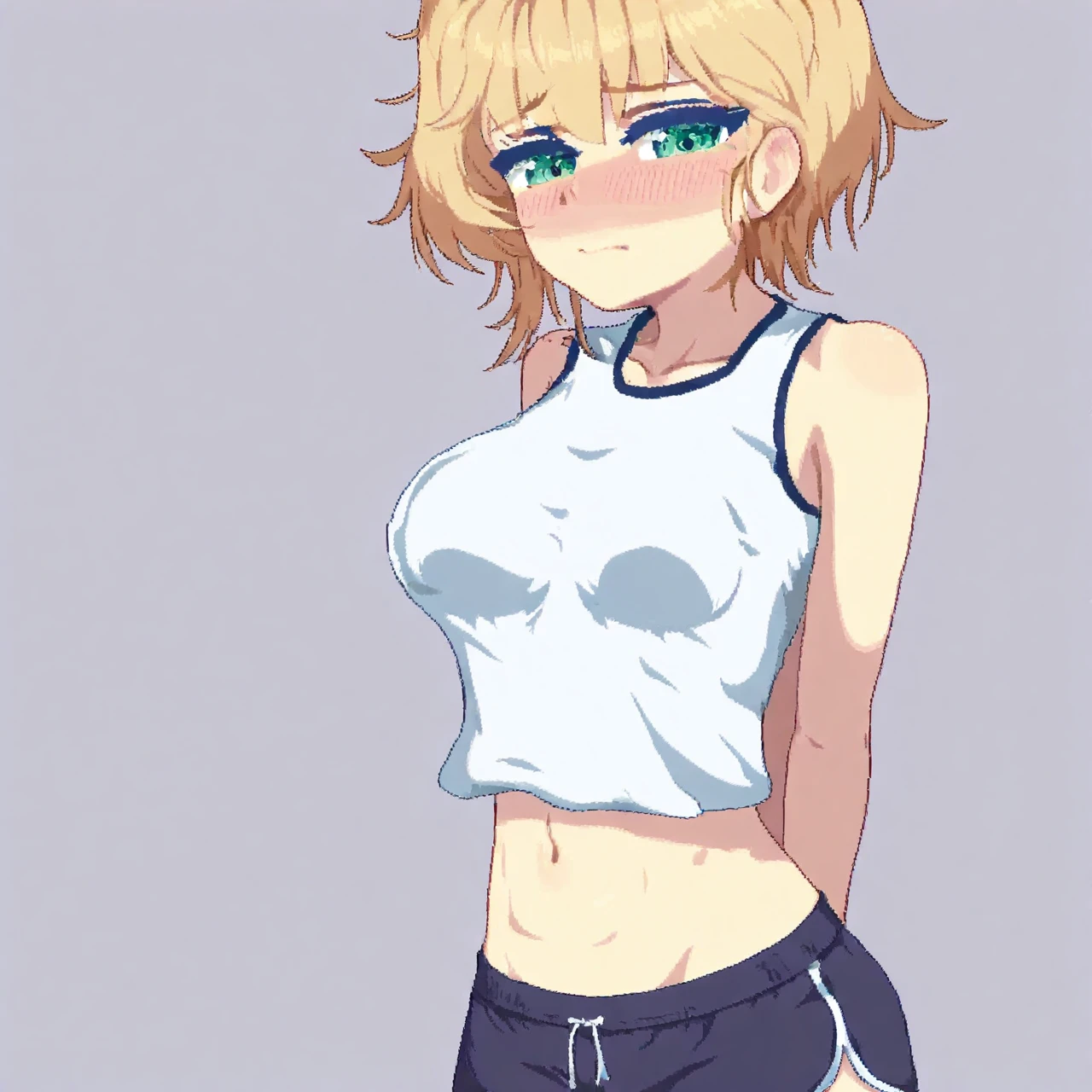One girl, frown, serious face, platinum_blonde, bangs, ponytail, white_shirt_sleeveless, belly button, retrato