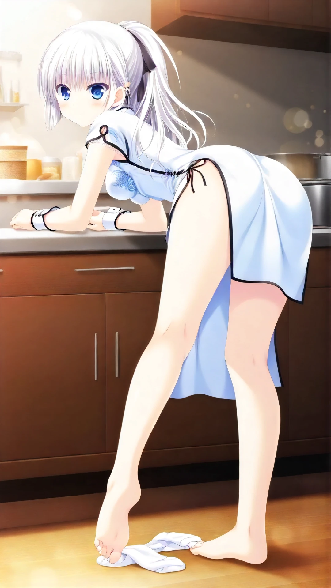 highest quality、masterpiece、((1 girl))、((smile:1.5))、(blush:1.5)、black shirt、blouse、((fun!!))、(small breasts)、(dog ears)、(silver hair)、()、((white apron:1.5))、((maid))、((hair ornaments)),、Kamimei、look at me、 ((in house:1.5))、 Take a break to watch the audience、((shaved pussy:1.5))、(highly detailed closed labia:1.5)、((Peeing is occurring:1.8))、peeing、light blue eyes、long hair