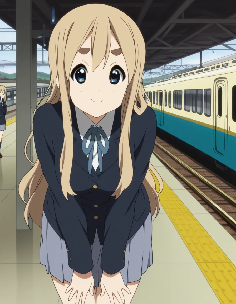 masterpiece, best quality, amazing quality,, <lora:tsumugi-kotobuki-s2-illustriousxl-lora-nochekaiser:1>, tsumugi kotobuki, kotobuki tsumugi, long hair, blue eyes, blonde hair, thick eyebrows, mature female, medium breasts, anime screencap, sakuragaoka high school uniform, school uniform, uniform, blazer, shirt, white shirt, collared shirt, skirt, pleated skirt,, bent over, smug,, train station, trains, platform, passengers, travel, cowboy shot, solo, looking at viewer
